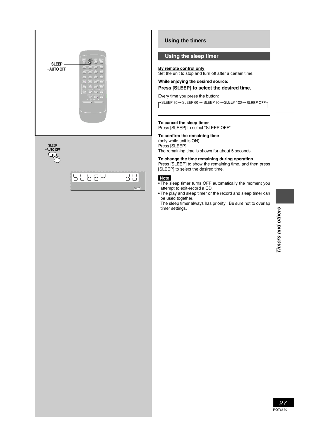 Panasonic SC-PM47 manual Using the sleep timer, Timers, Press Sleep to select the desired time 