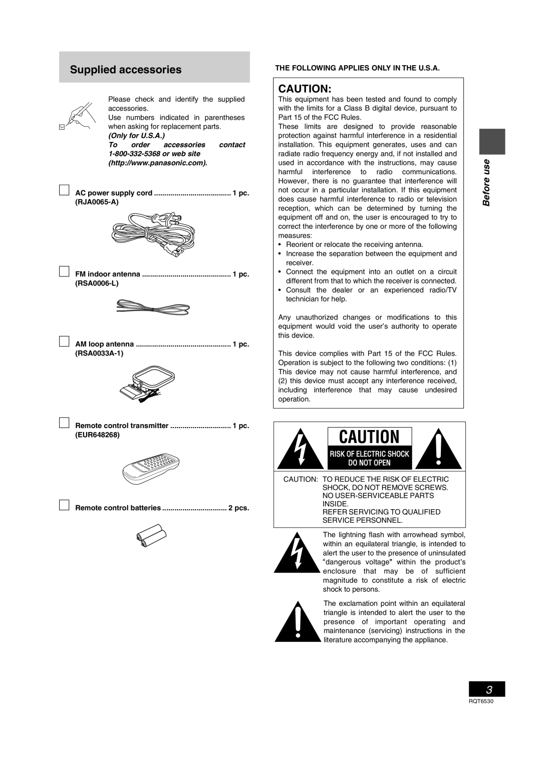 Panasonic SC-PM47 manual Supplied accessories, Use, Following Applies only in the U.S.A 