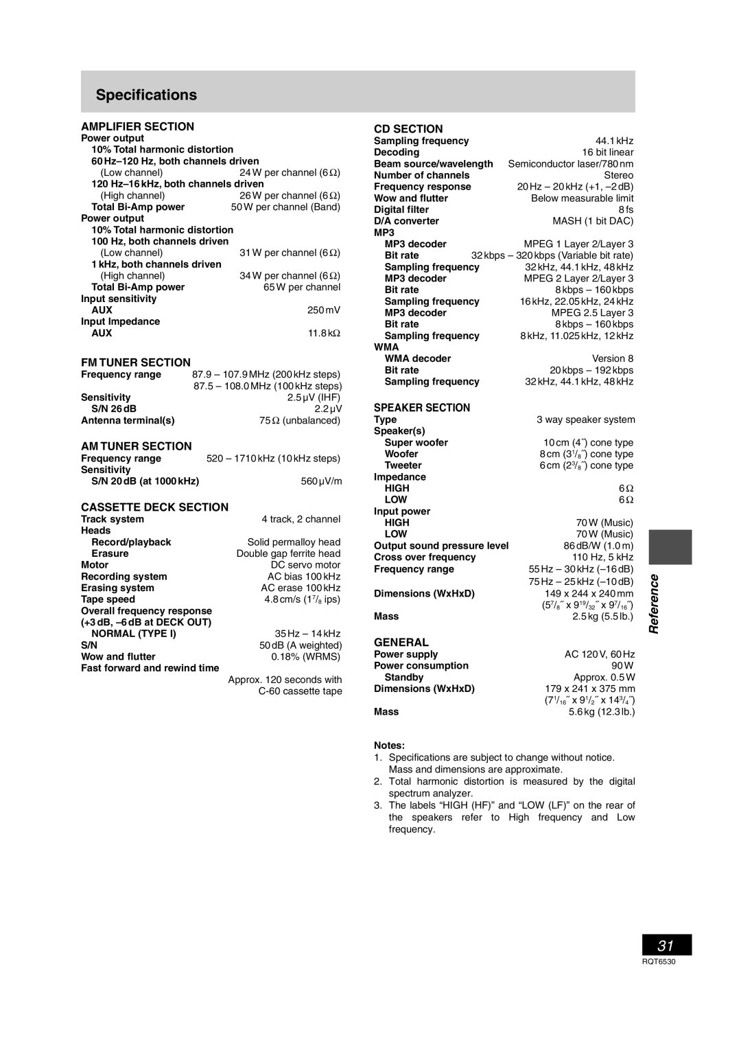 Panasonic SC-PM47 manual Specifications 