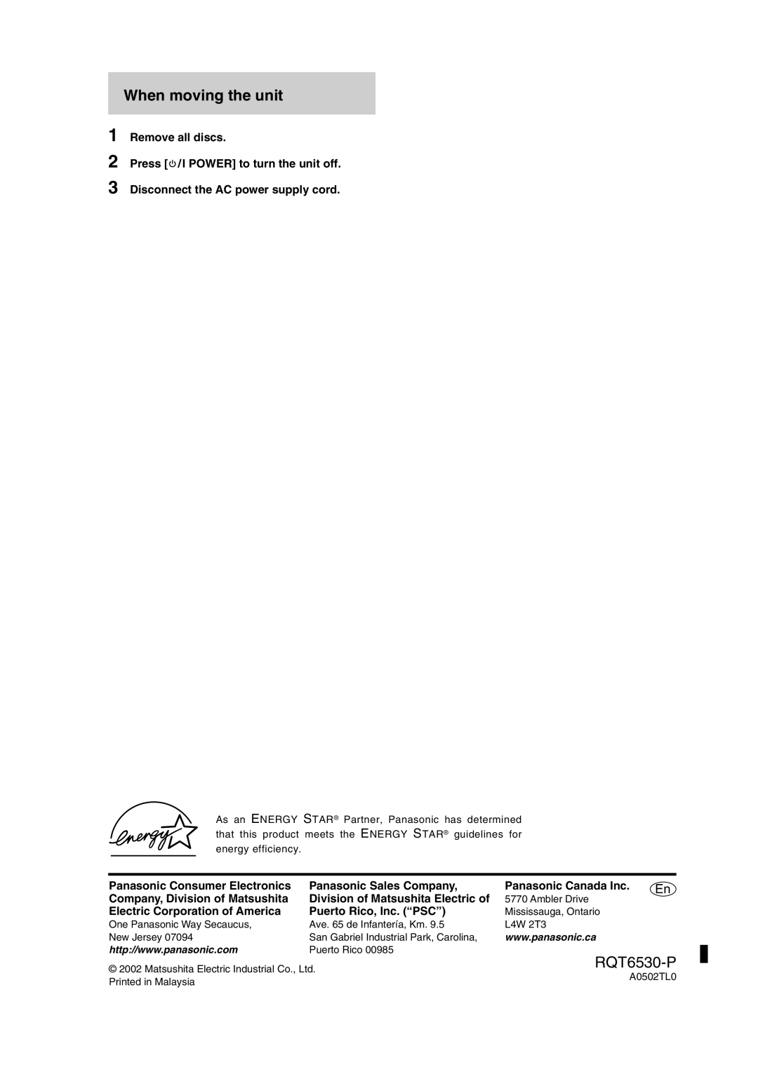 Panasonic SC-PM47 manual When moving the unit, Electric Corporation of America Puerto Rico, Inc. PSC 