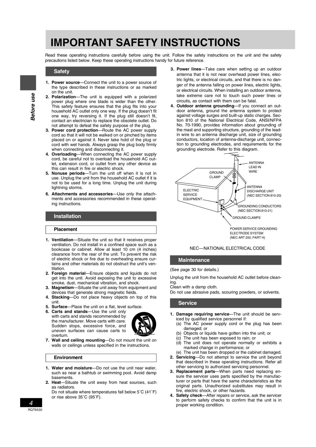 Panasonic SC-PM47 manual Safety, Installation, Maintenance, Service 