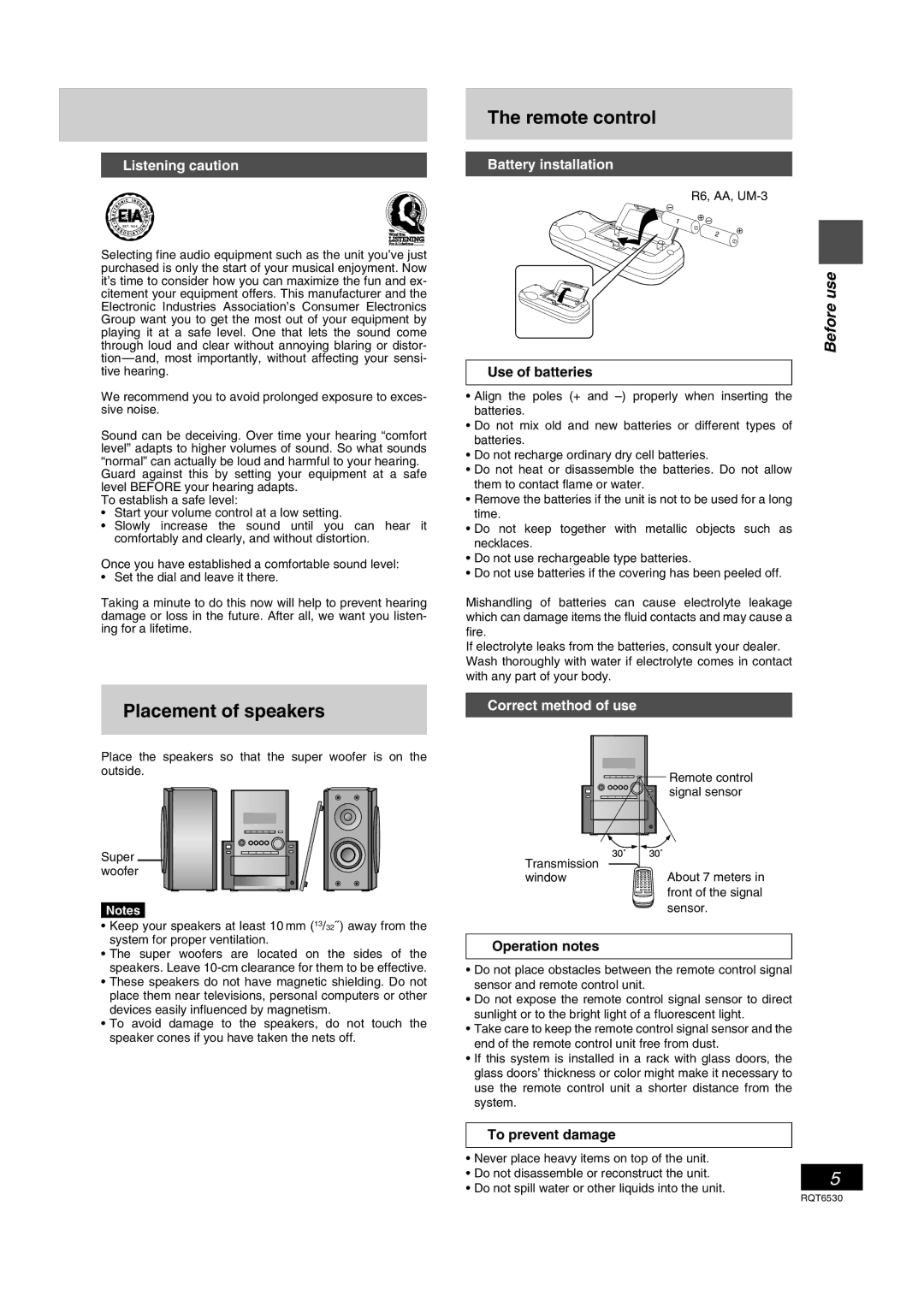 Panasonic SC-PM47 manual Placement of speakers, Remote control, Use of batteries, Operation notes, To prevent damage 