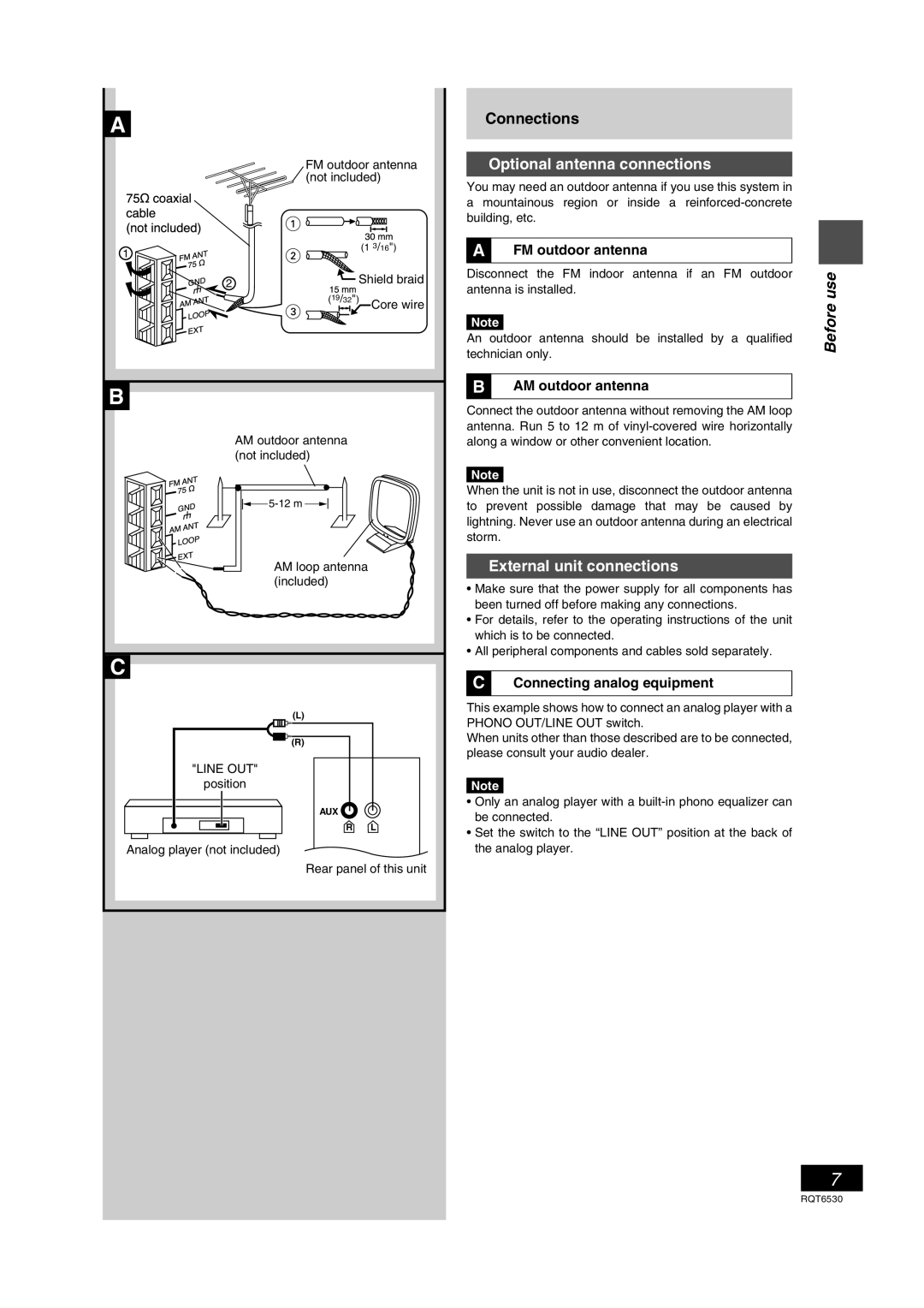 Panasonic SC-PM47 manual Optional antenna connections, External unit connections, FM outdoor antenna, AM outdoor antenna 