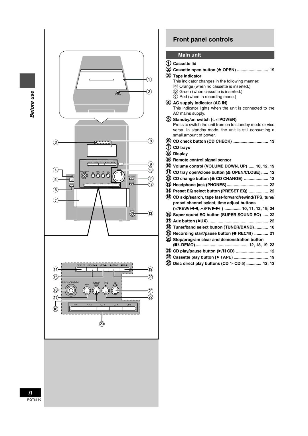 Panasonic SC-PM47 manual Front panel controls, Beforeuse, Main unit 