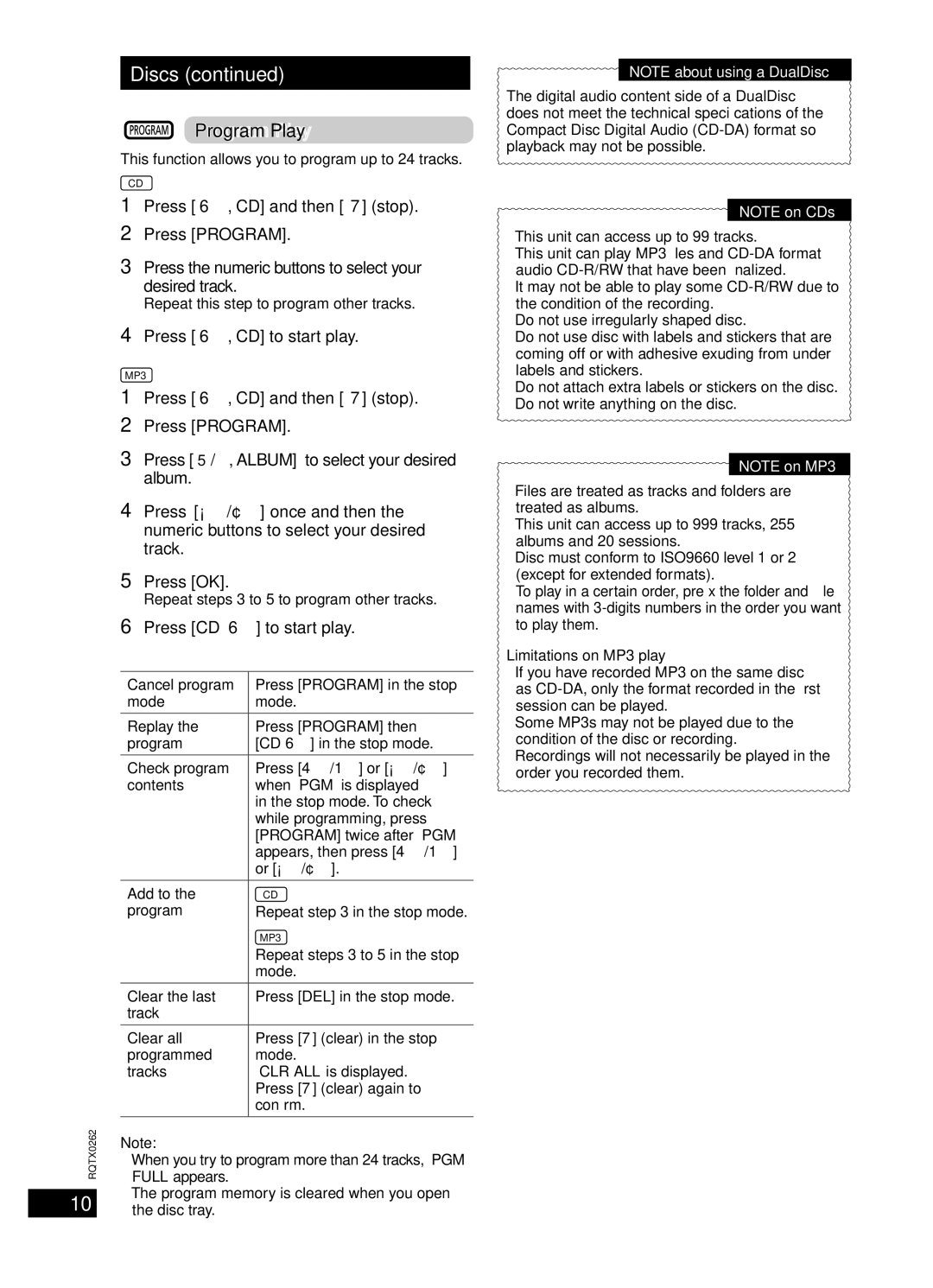 Panasonic SC-PM5, SC-PM24 Program Play, Press 6, CD to start play, Press CD 6 to start play, Limitations on MP3 play 