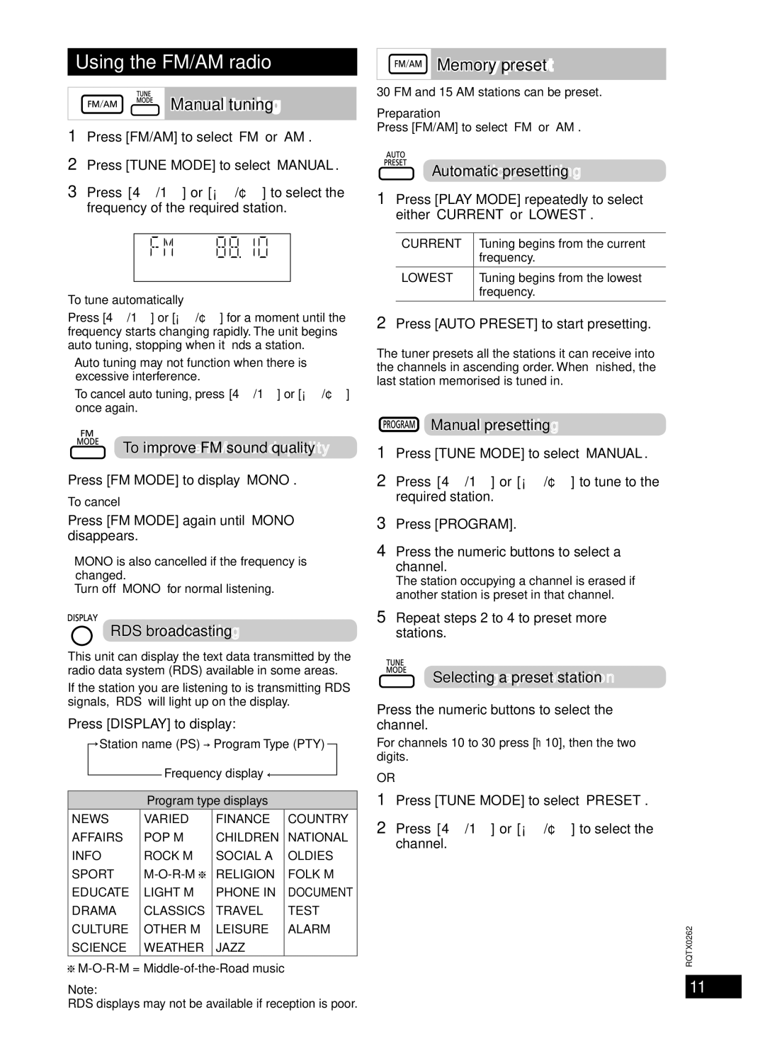 Panasonic SC-PM24, SC-PM5 specifications Using the FM/AM radio, Manual tuning, Memory preset 