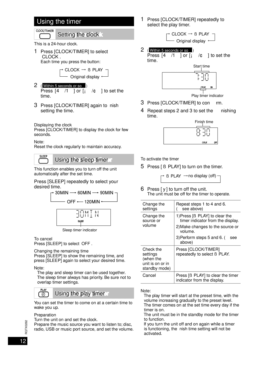 Panasonic SC-PM5, SC-PM24 specifications Using the timer, Setting the clock, Using the sleep timer, Using the play timer 