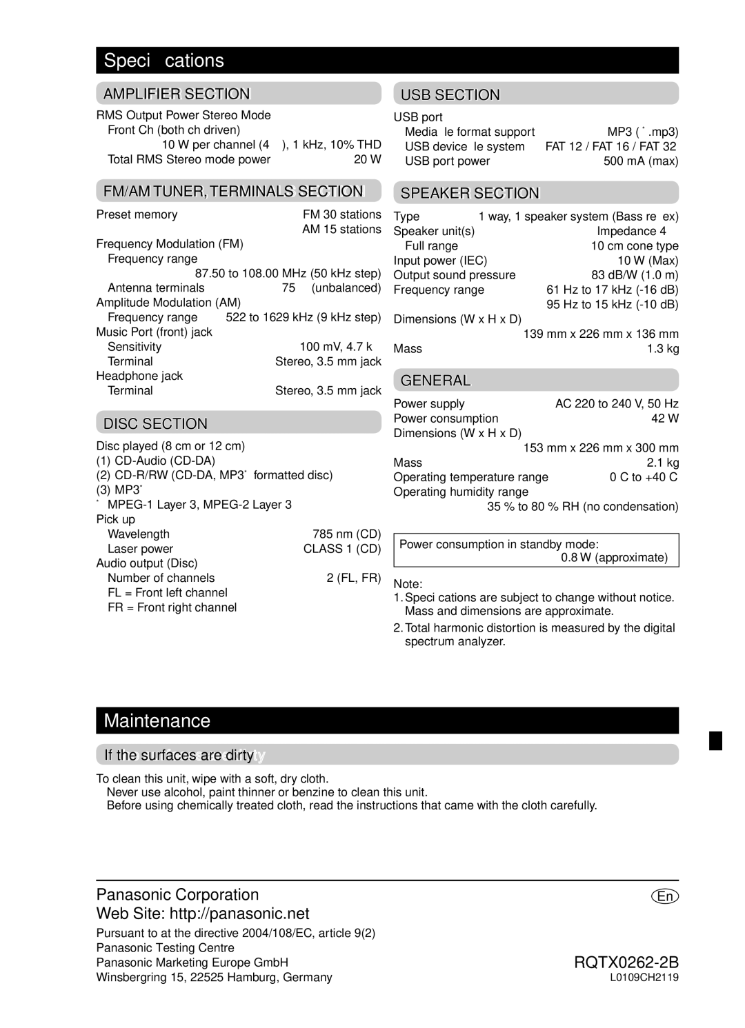 Panasonic SC-PM5, SC-PM24 specifications Speciﬁcations, Maintenance, If the surfaces are dirty 