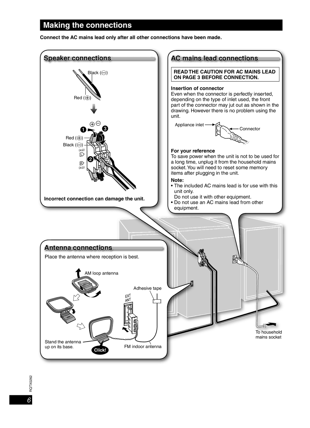 Panasonic SC-PM5, SC-PM24 Making the connections, Speaker connections, AC mains lead connections, Antenna connections 