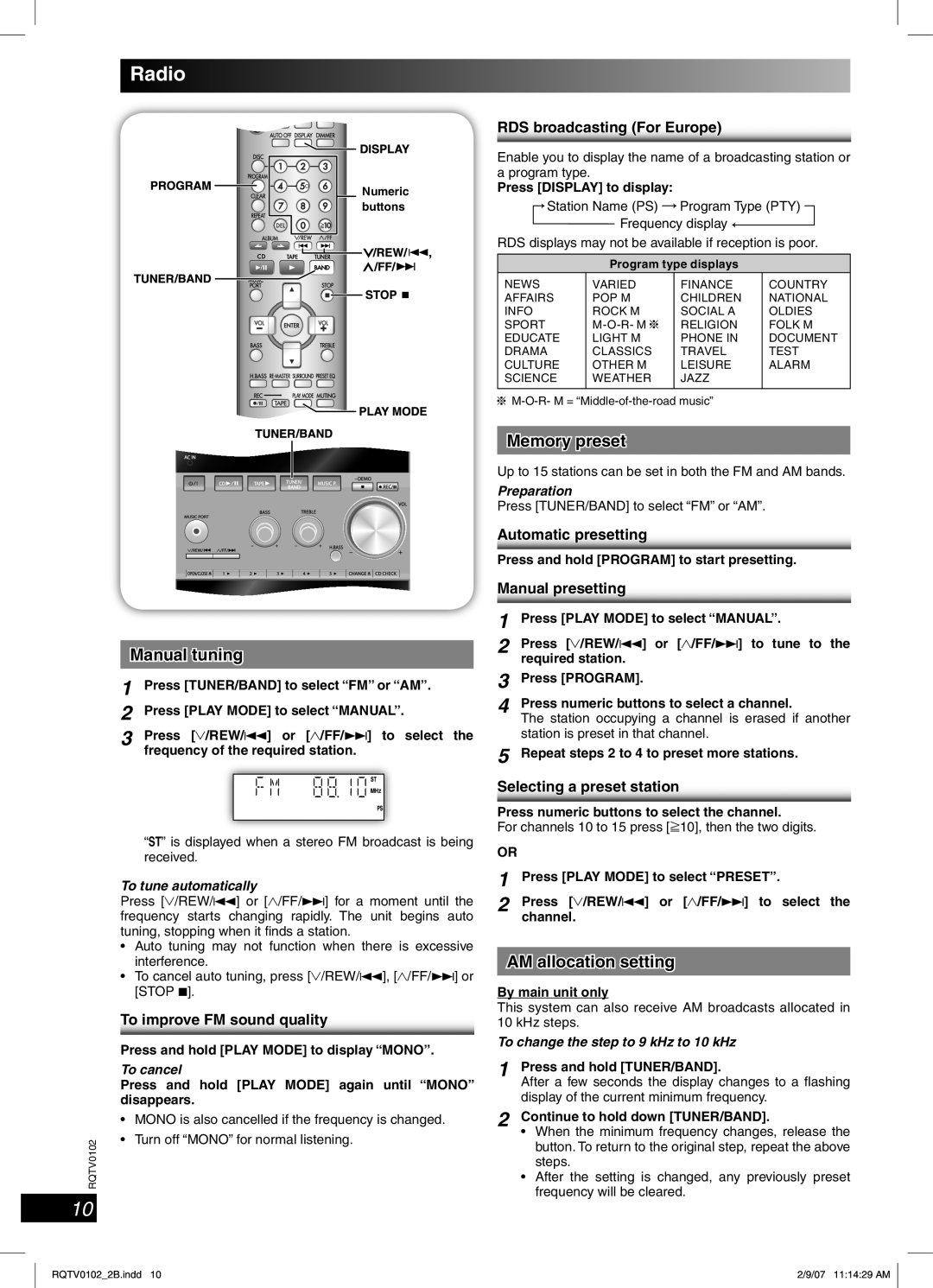 Panasonic SC-PM54 specifications Radio, Manual tuning, Memory preset, AM allocation setting 