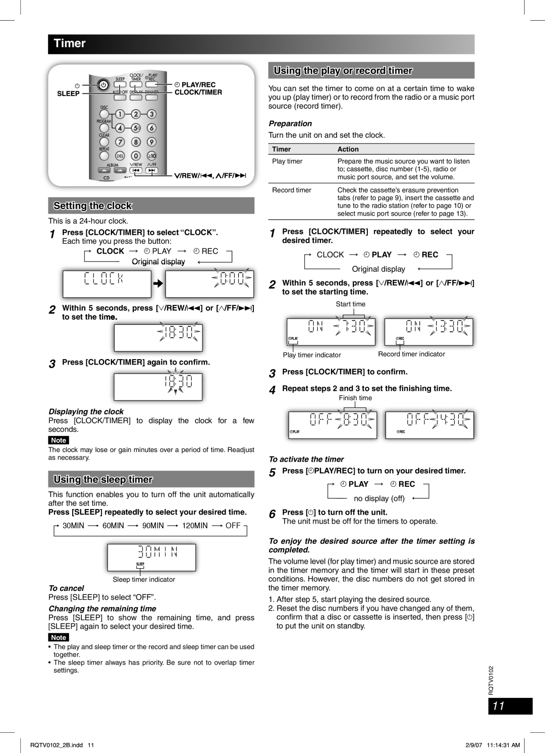 Panasonic SC-PM54 specifications Timer, Setting the clock, Using the sleep timer, Using the play or record timer 