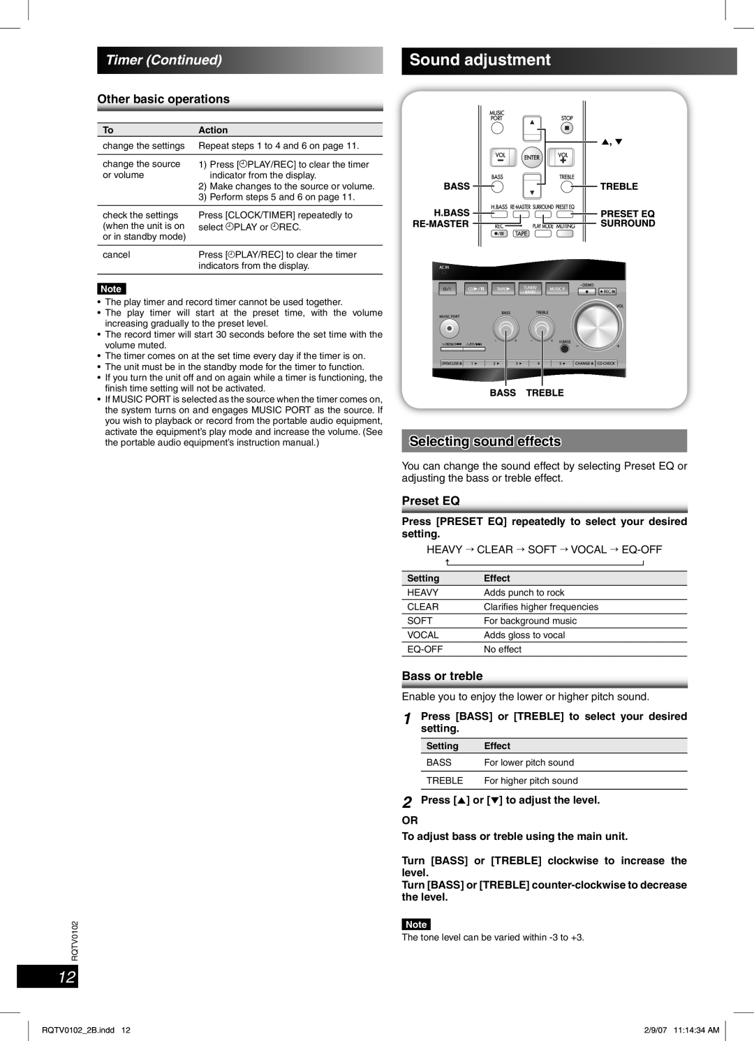 Panasonic SC-PM54 specifications Sound adjustment, Selecting sound effects, Preset EQ, Bass or treble 