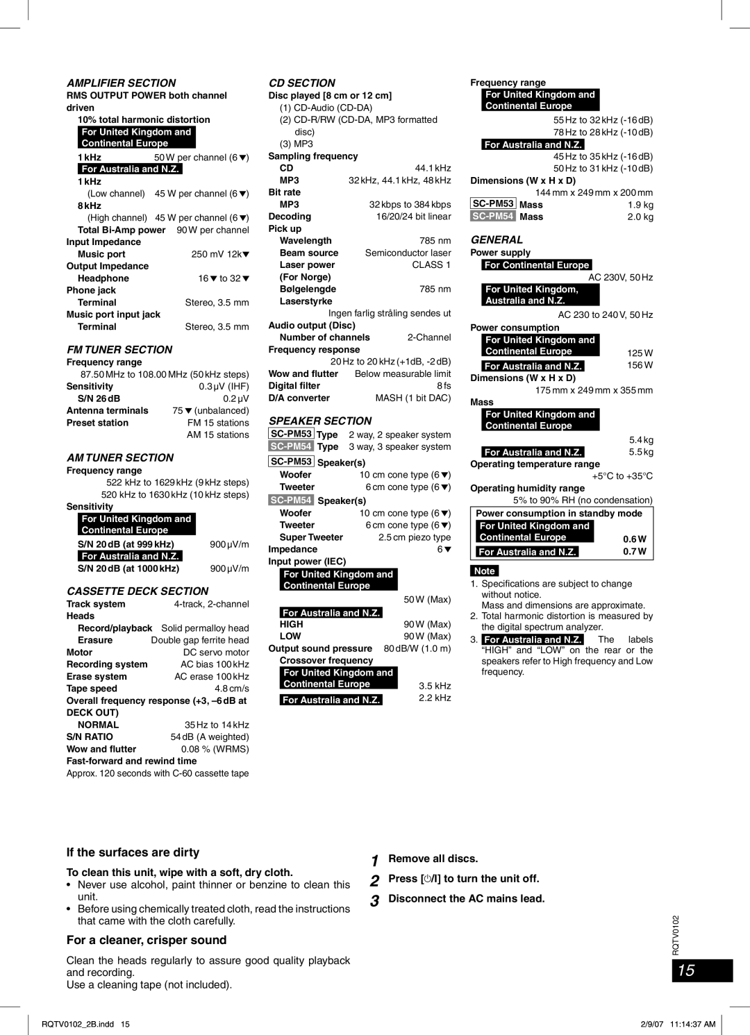 Panasonic SC-PM54 specifications Speciﬁcations, Maintenance, When moving the unit, If the surfaces are dirty 