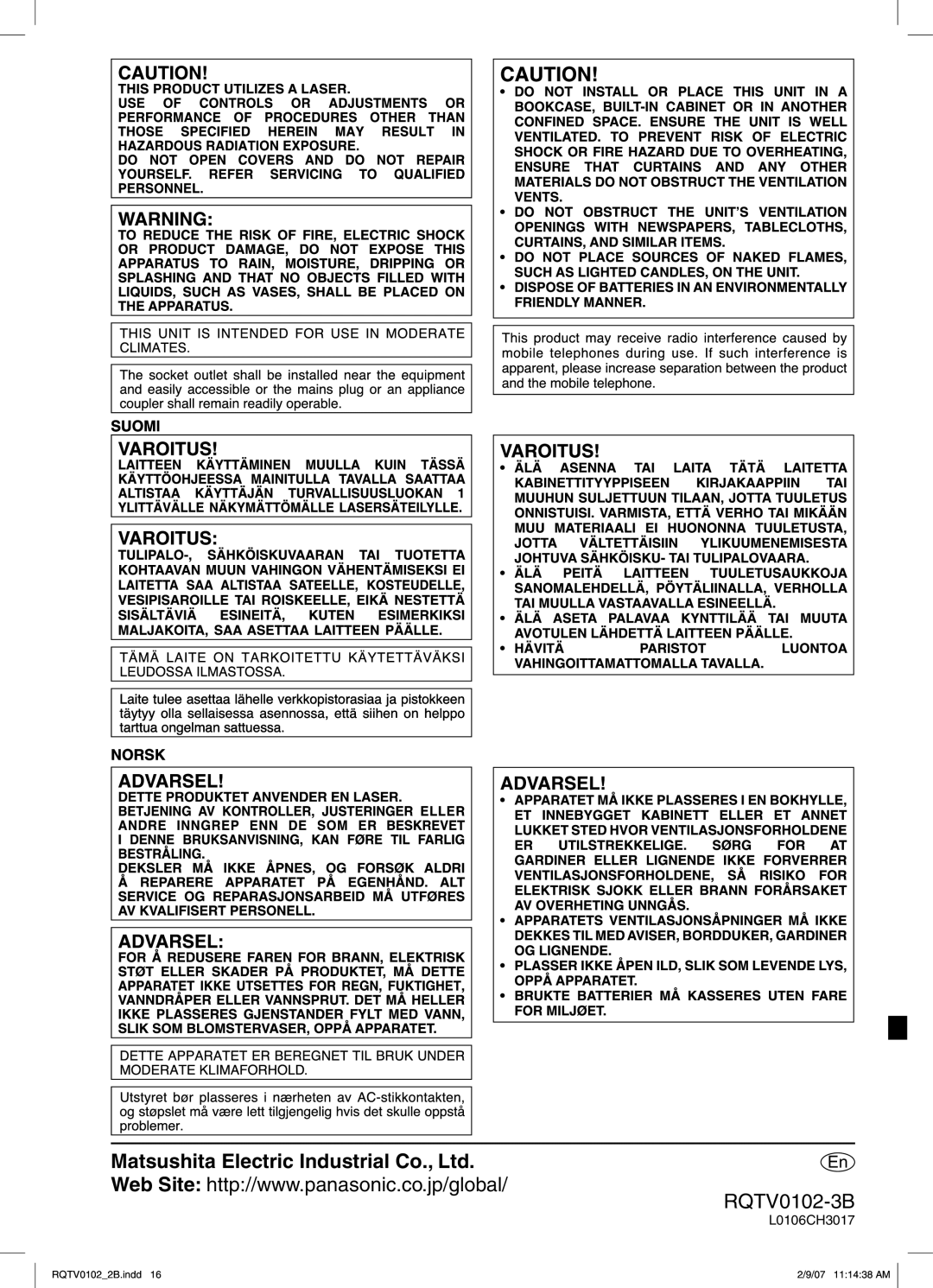 Panasonic SC-PM54 specifications Suomi, L0106CH3017 