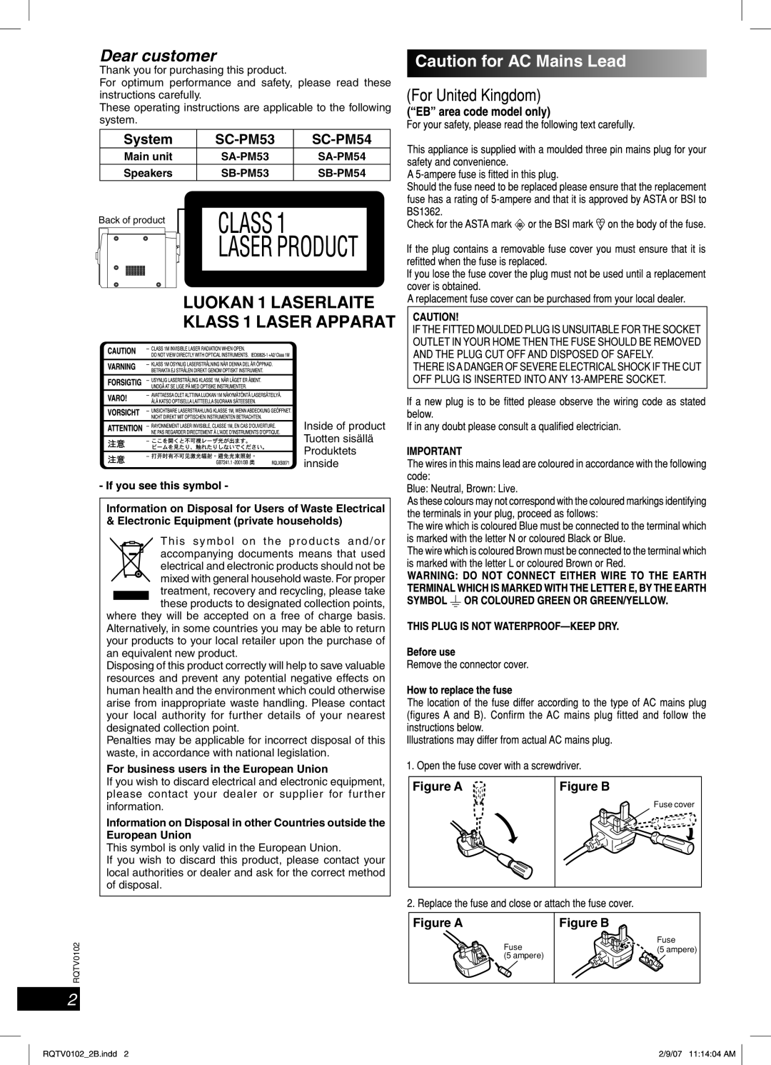 Panasonic specifications System SC-PM53 SC-PM54, Main unit, Speakers SB-PM53, For business users in the European Union 