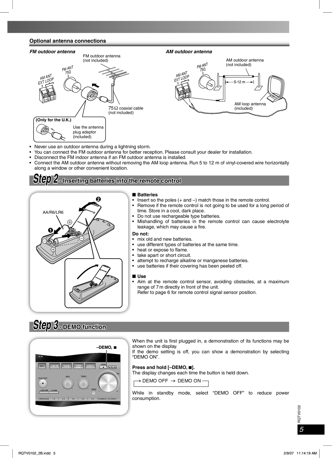 Panasonic SC-PM54 specifications Inserting batteries into the remote control, Demo function, Optional antenna connections 