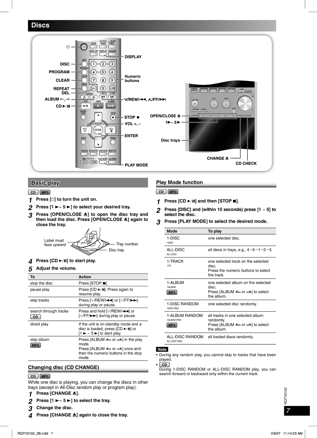 Panasonic SC-PM54 specifications Discs, Basic play, Changing disc CD Change, Play Mode function 