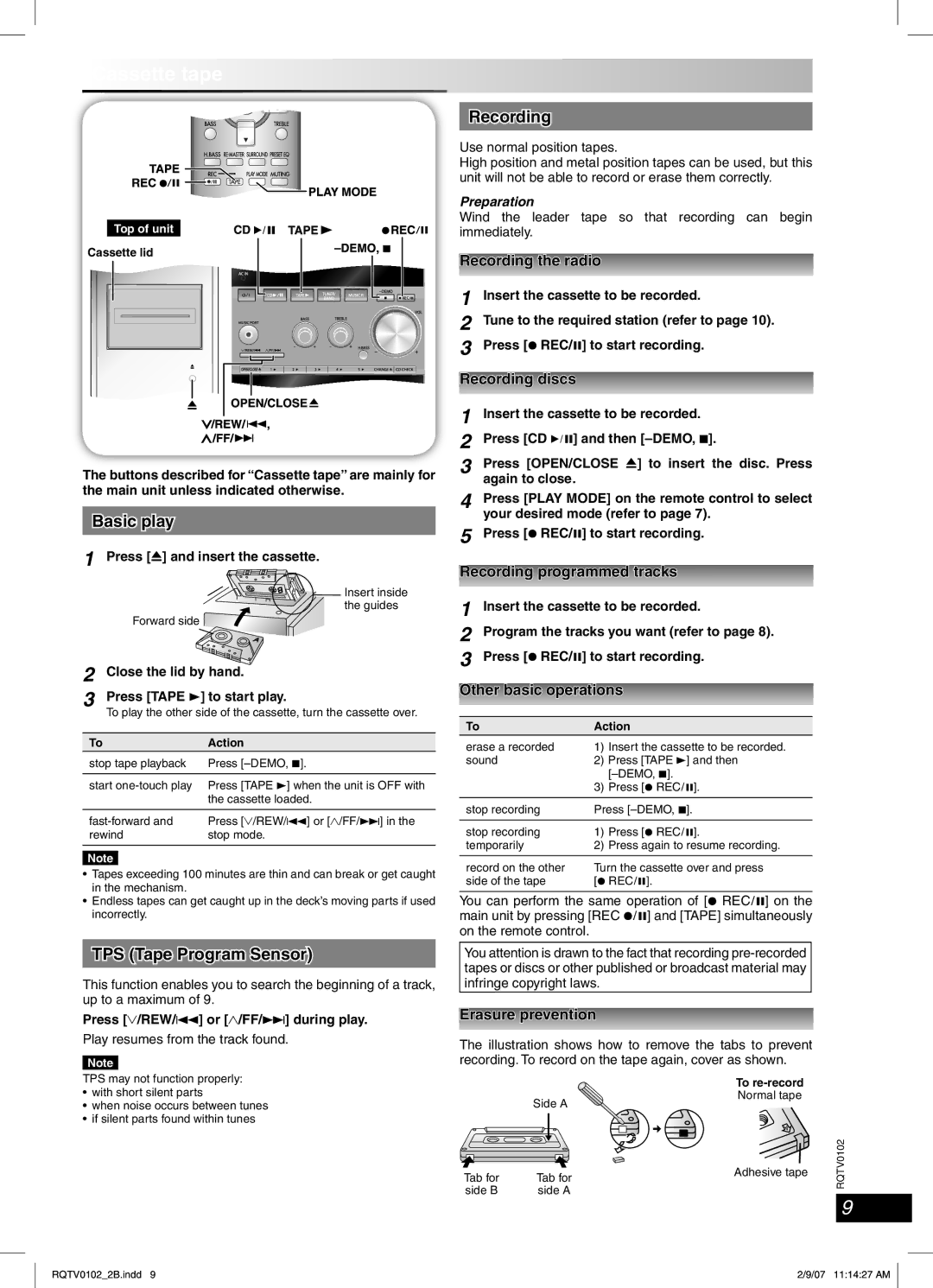 Panasonic SC-PM54 specifications Cassette tape, TPS Tape Program Sensor, Recording 