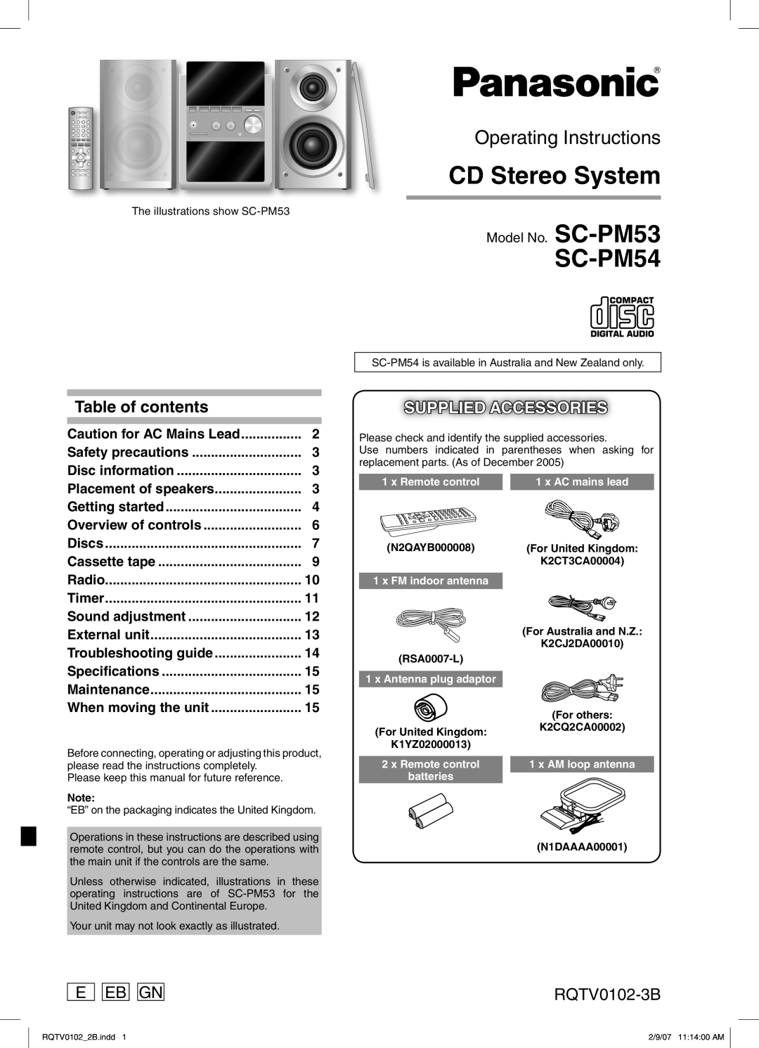 Panasonic SC-PM54 specifications Table of contents, Supplied Accessories, E Eb Gn, RQTV0102-3B, CD Stereo System 