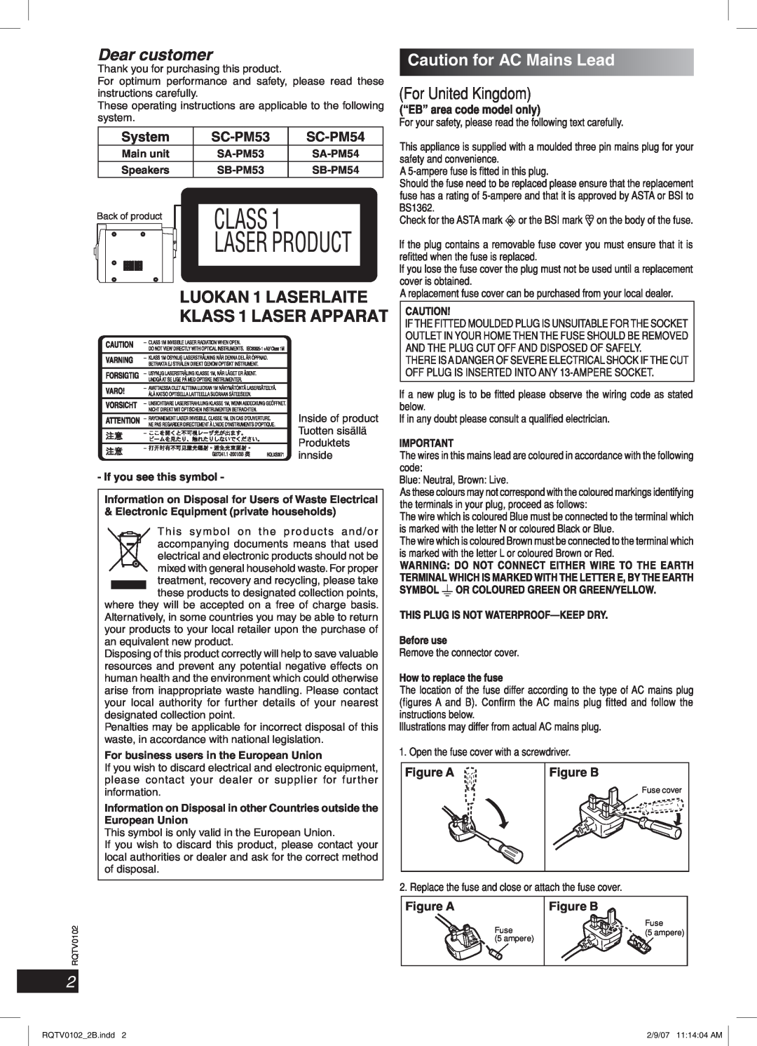 Panasonic SC-PM54 specifications Caution for AC Mains Lead, System, SC-PM53, Figure A, Figure B 