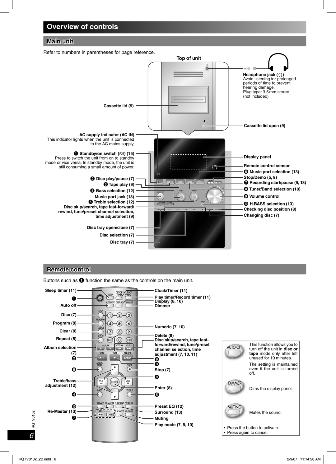 Panasonic SC-PM54 specifications Overview of controls, Main unit, Remote control 