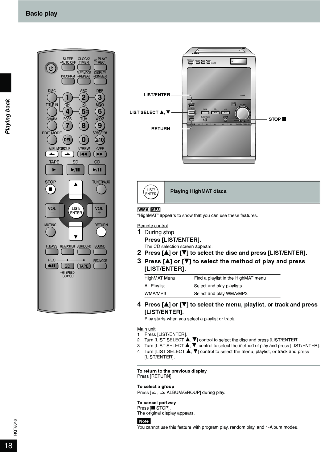 Panasonic SC-PM71SD manual Playing back, Press LIST/ENTER 