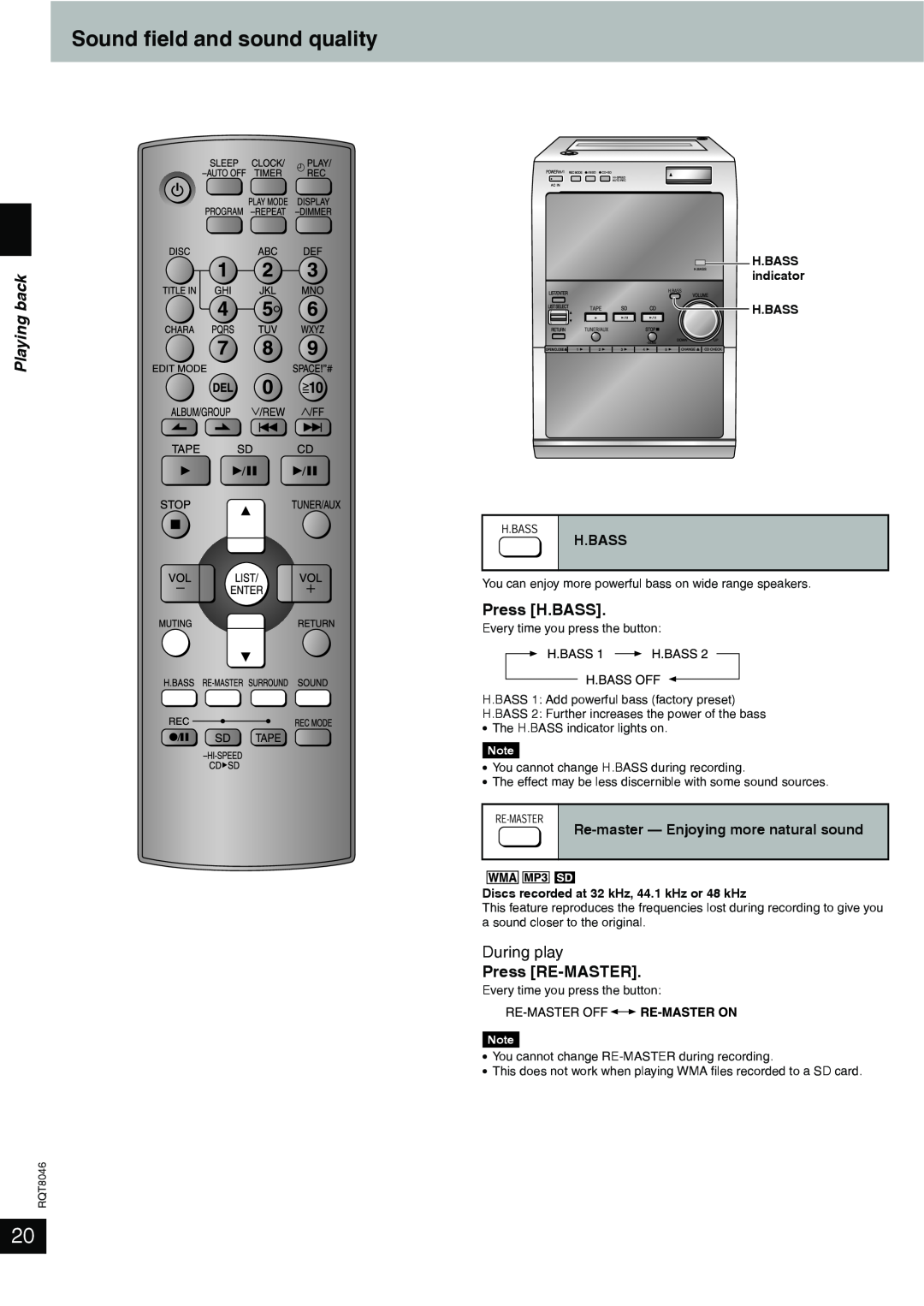 Panasonic SC-PM71SD manual Sound field and sound quality, Playing back, During play, H.Bass 