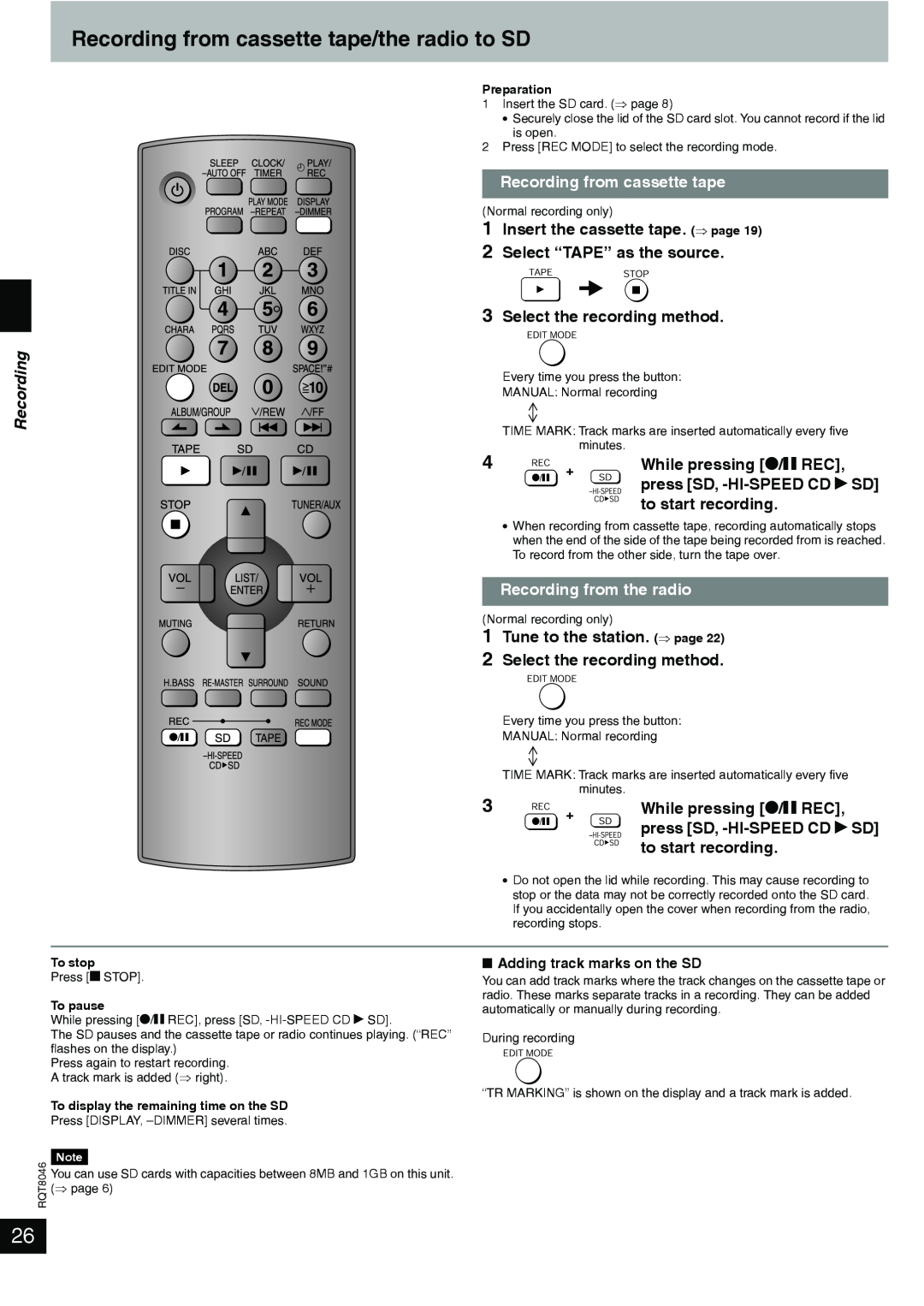 Panasonic SC-PM71SD manual Recording from cassette tape/the radio to SD, Recording from the radio 