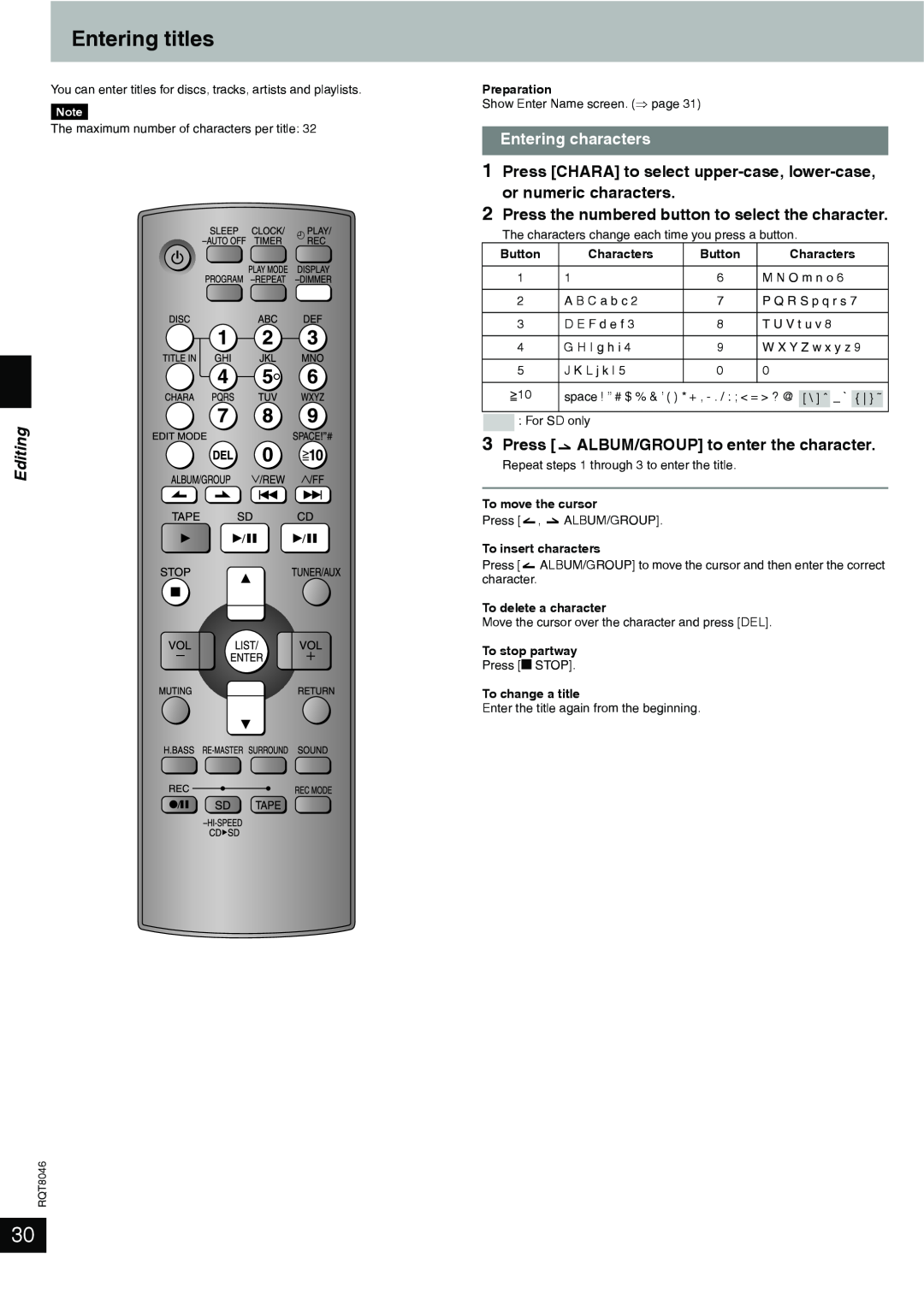 Panasonic SC-PM71SD manual Entering titles, Editing, Entering characters, 3Press ALBUM/GROUP to enter the character 