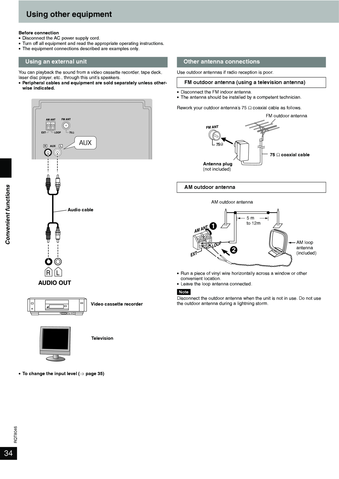 Panasonic SC-PM71SD manual Using other equipment, Using an external unit, Other antenna connections, functions, Convenient 