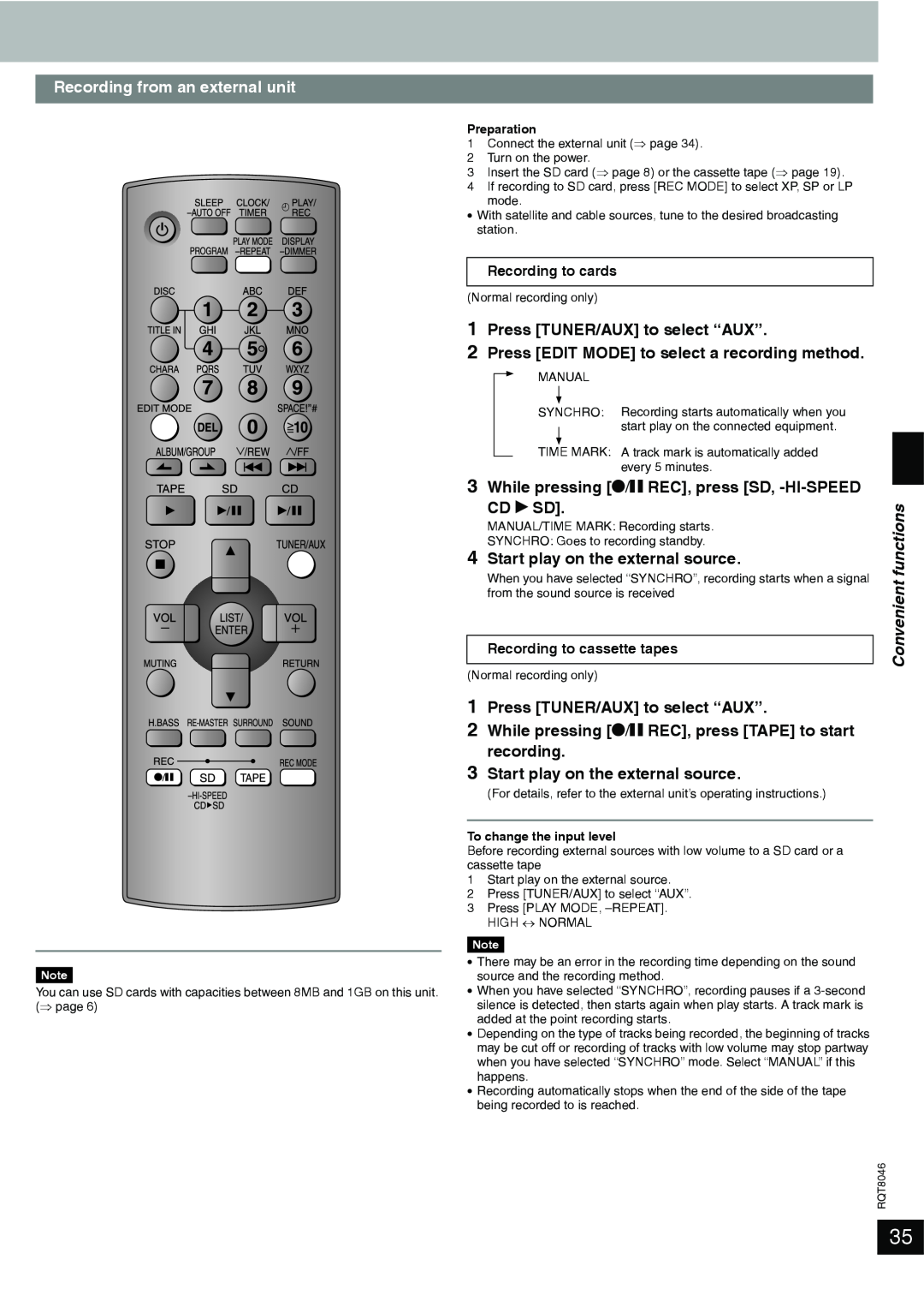 Panasonic SC-PM71SD manual Recording from an external unit, 1Press TUNER/AUX to select “AUX”, CD q SD, Recording to cards 