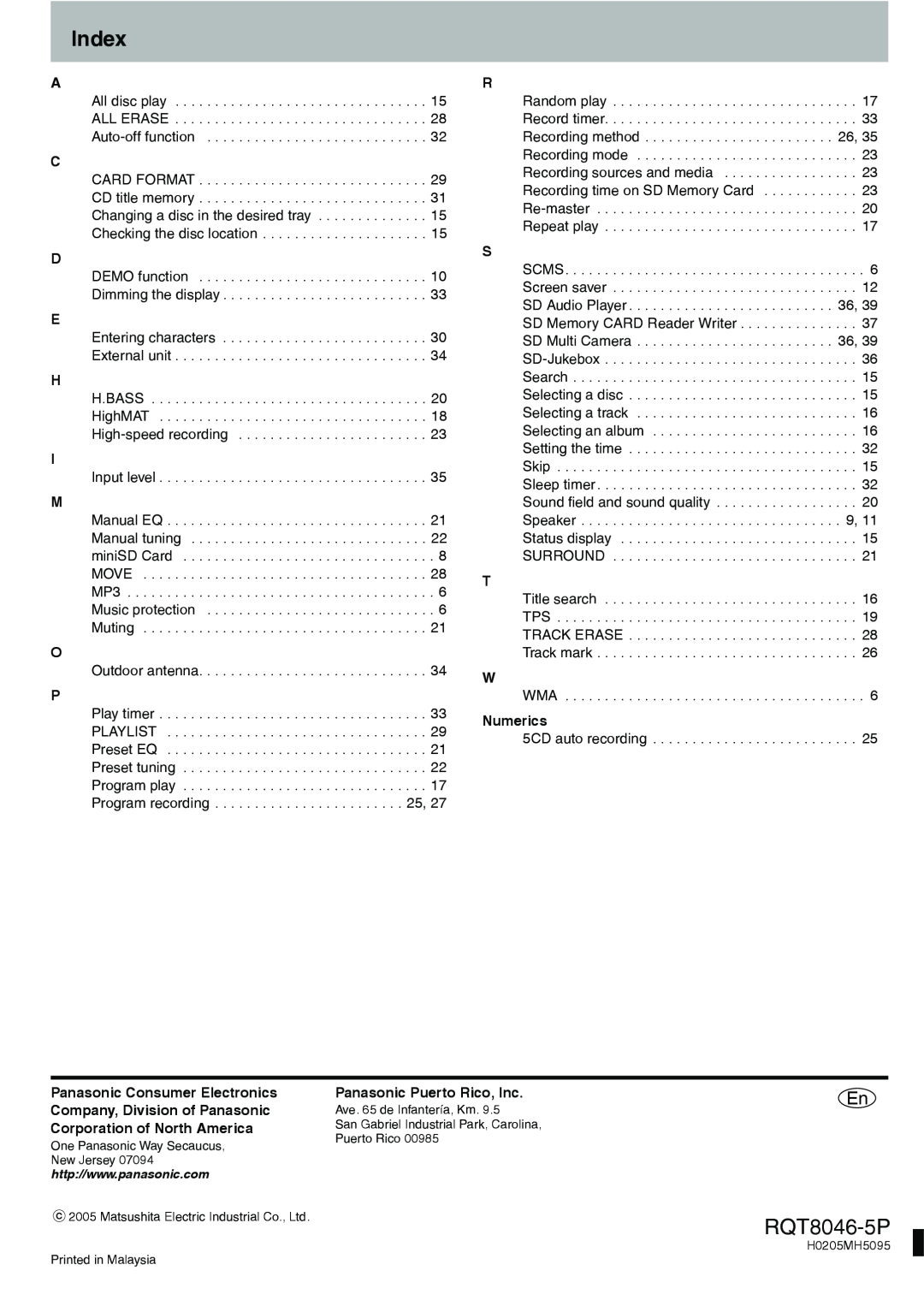 Panasonic SC-PM71SD manual Index, RQT8046-5P, Numerics, Panasonic Consumer Electronics, Panasonic Puerto Rico, Inc 