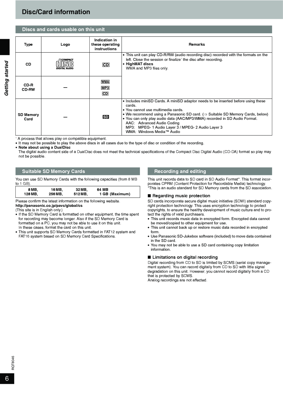 Panasonic SC-PM71SD Disc/Card information, Getting started, Discs and cards usable on this unit, Suitable SD Memory Cards 