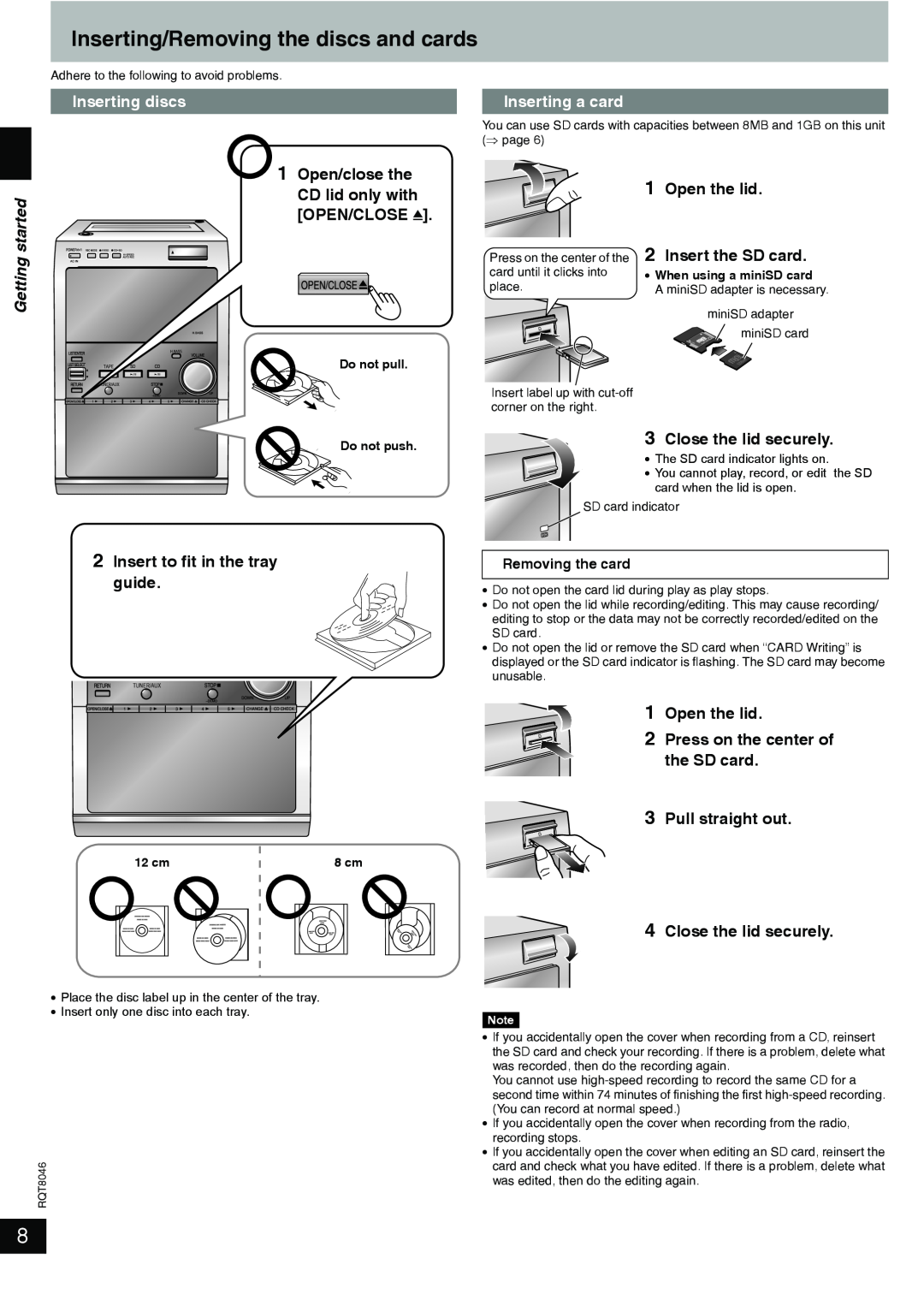 Panasonic SC-PM71SD manual Inserting/Removing the discs and cards, Inserting discs, Inserting a card, Getting started 