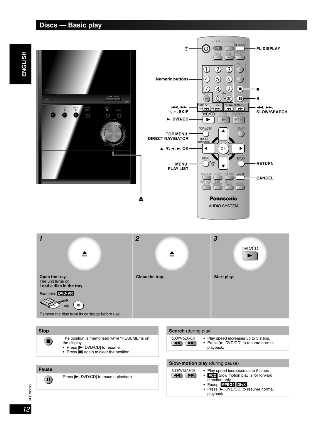 Panasonic SC-PM86D operating instructions Discs Basic play, Stop, Pause, Slow-motion play during pause 