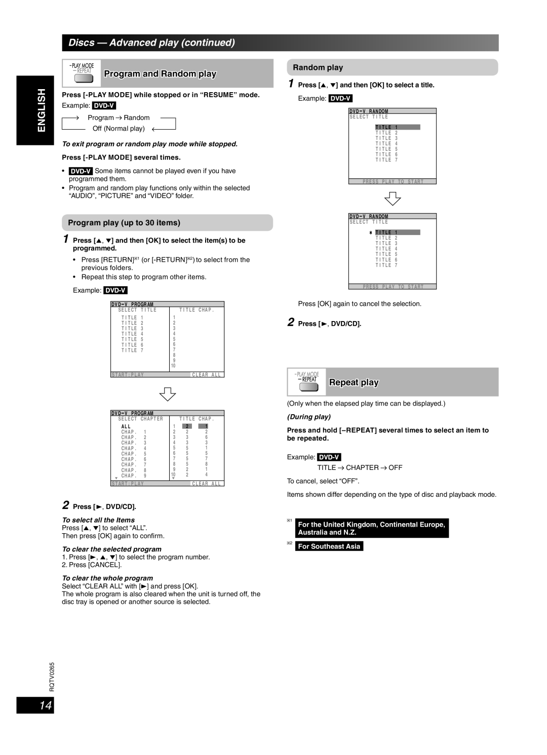 Panasonic SC-PM86D Discs Advanced play, Program and Random play, Repeat play, Program play up to 30 items 