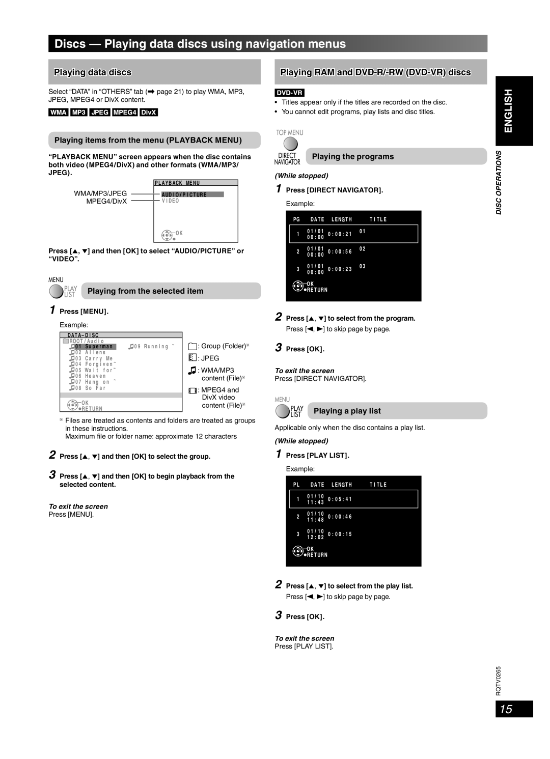 Panasonic SC-PM86D Discs Playing data discs using navigation menus, Playing items from the menu Playback Menu 