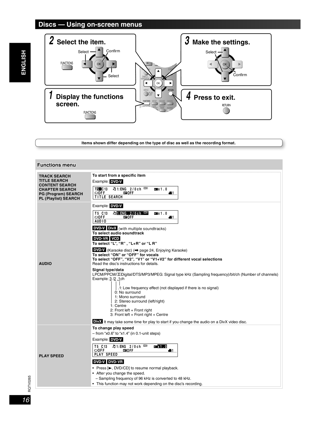 Panasonic SC-PM86D operating instructions Discs Using on-screen menus, Functions menu, Track Search, Audio Play Speed, Arch 