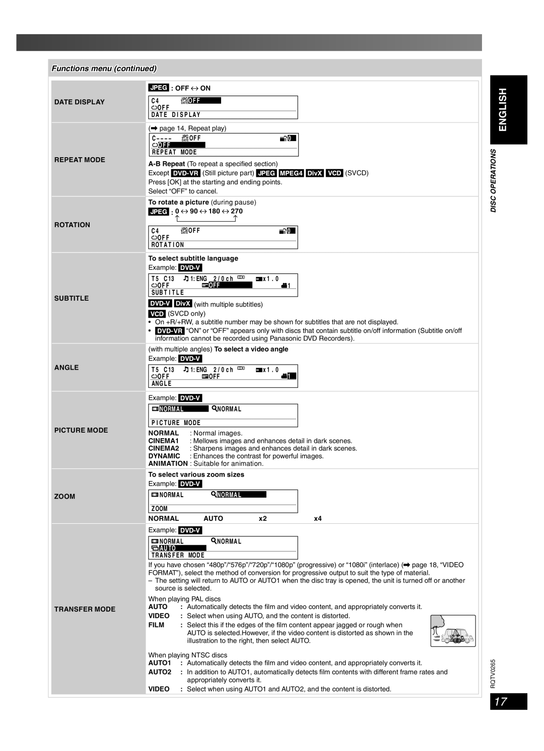 Panasonic SC-PM86D operating instructions Normal Auto, Video, Film, AUTO1, AUTO2 