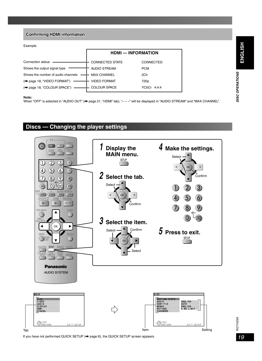 Panasonic SC-PM86D Discs Changing the player settings, Conﬁrming Hdmi information, Video Format, Colour Space 