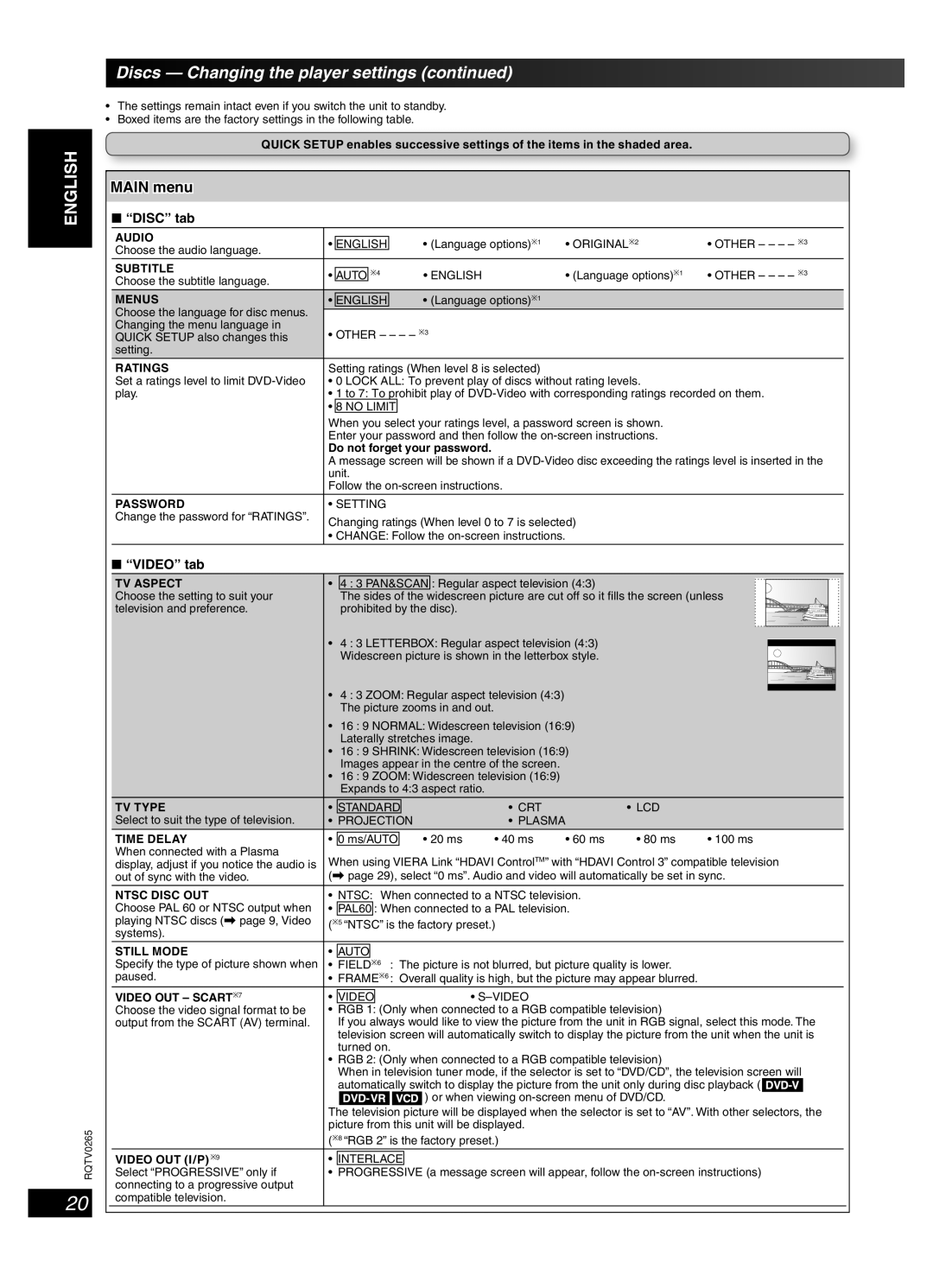 Panasonic SC-PM86D operating instructions Discs Changing the player settings, Main menu, Disc tab, Video tab 