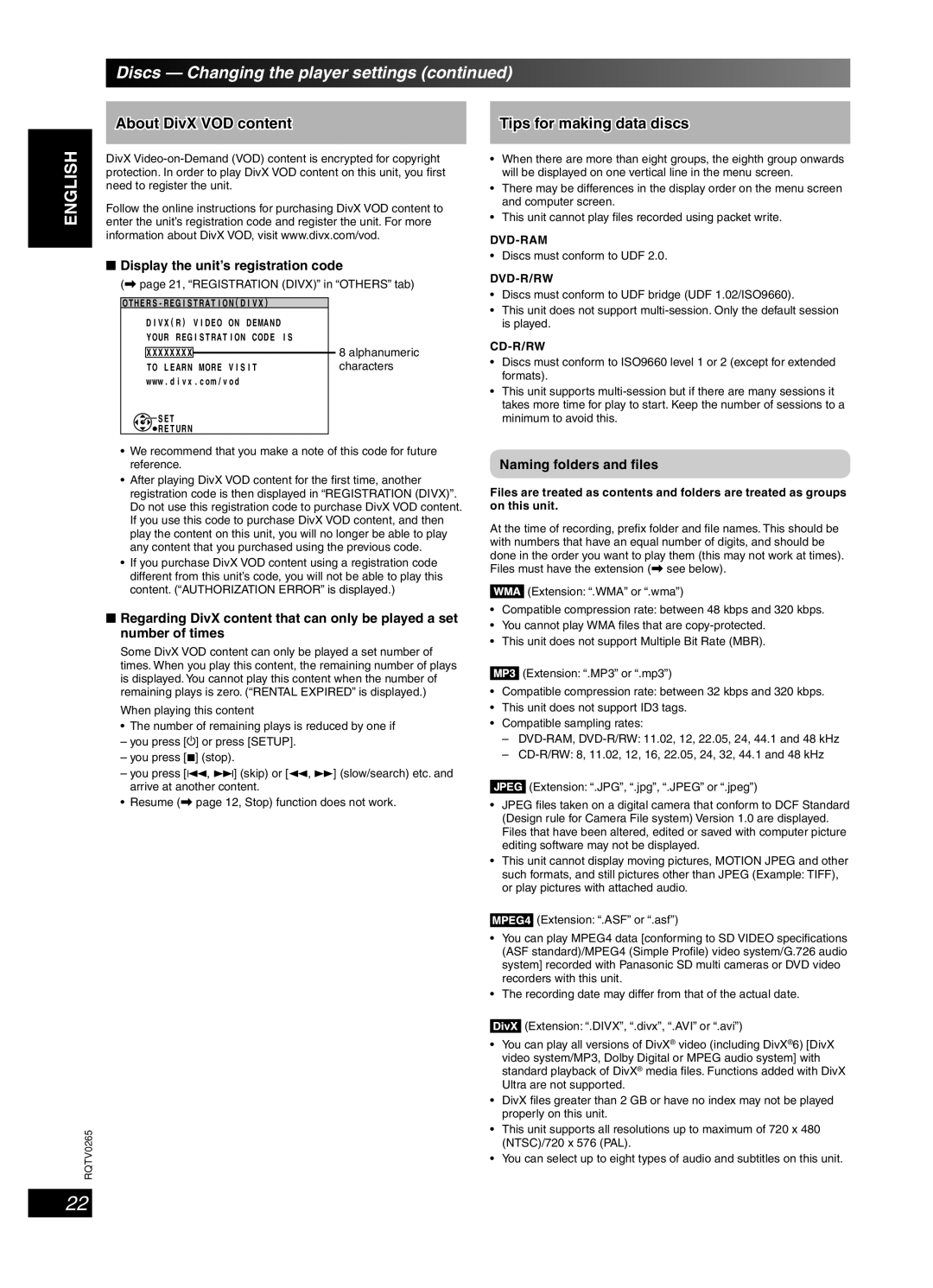 Panasonic SC-PM86D operating instructions About DivX VOD content, Tips for making data discs 