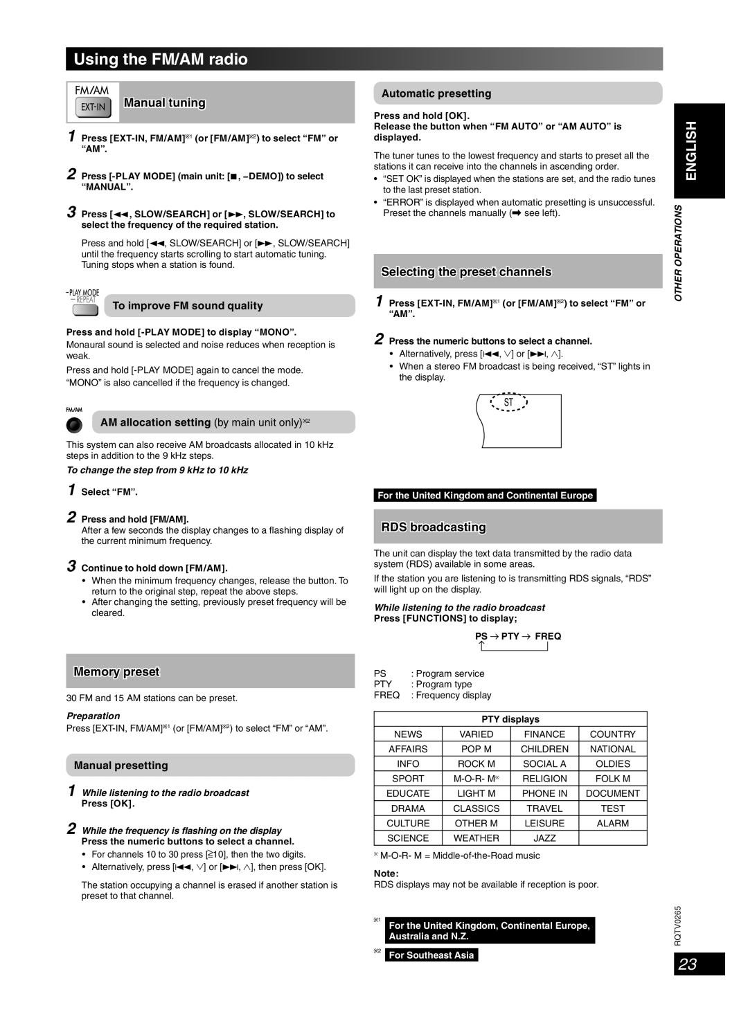 Panasonic SC-PM86D Using the FM/AM radio, Manual tuning, Memory preset, Selecting the preset channels 