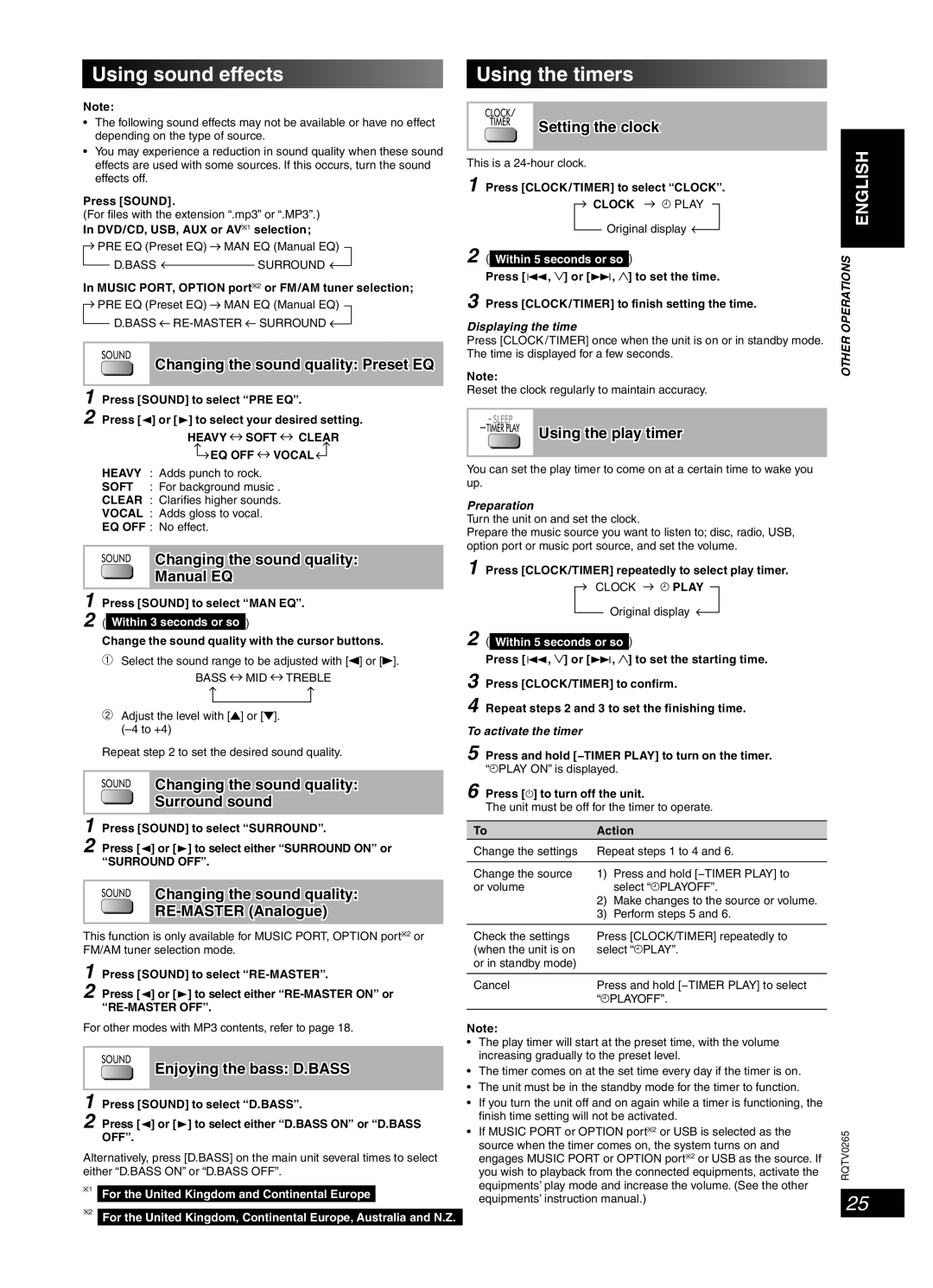 Panasonic SC-PM86D operating instructions Using sound effects, Using the timers 