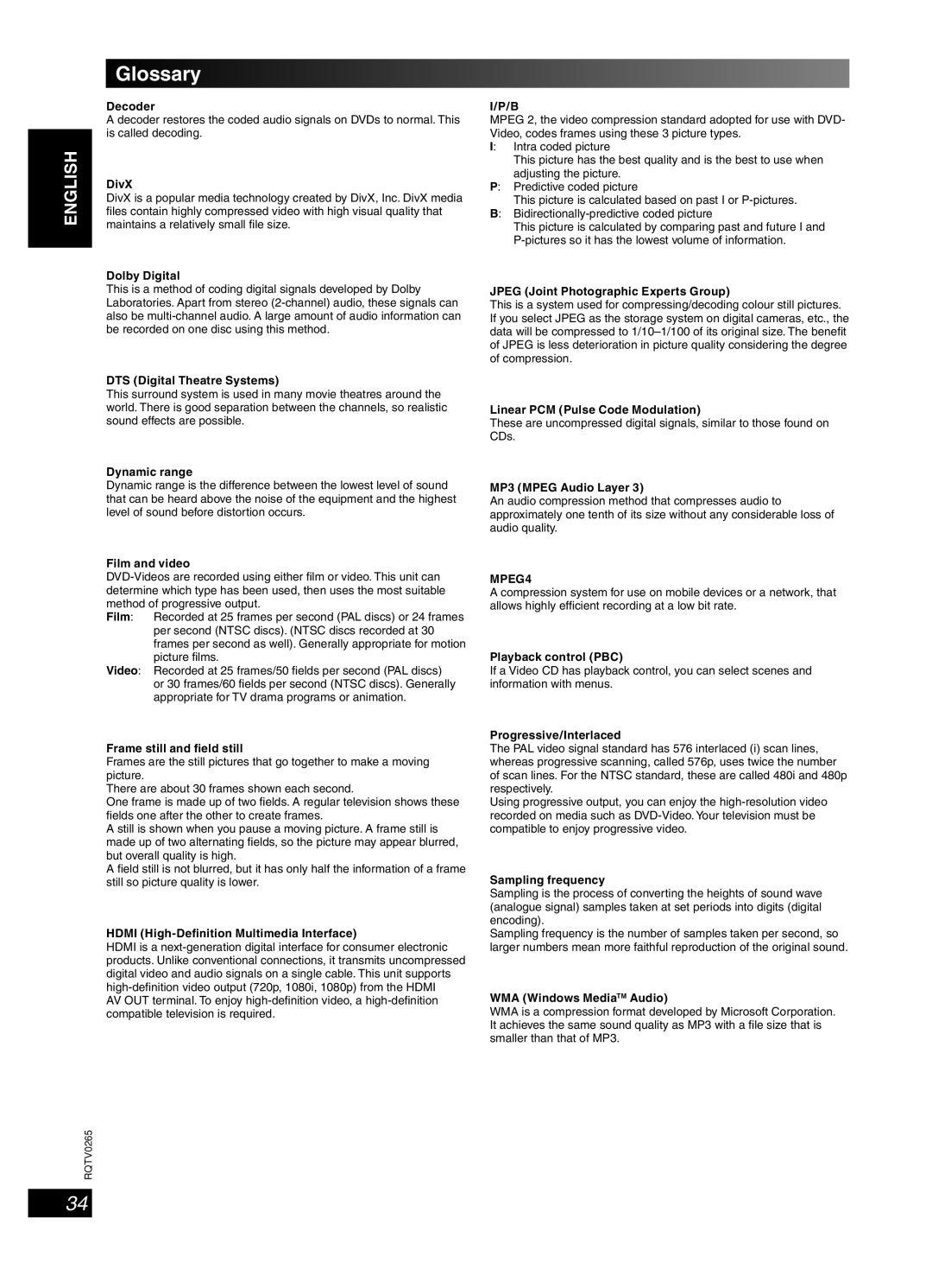 Panasonic SC-PM86D operating instructions Glossary, MPEG4 