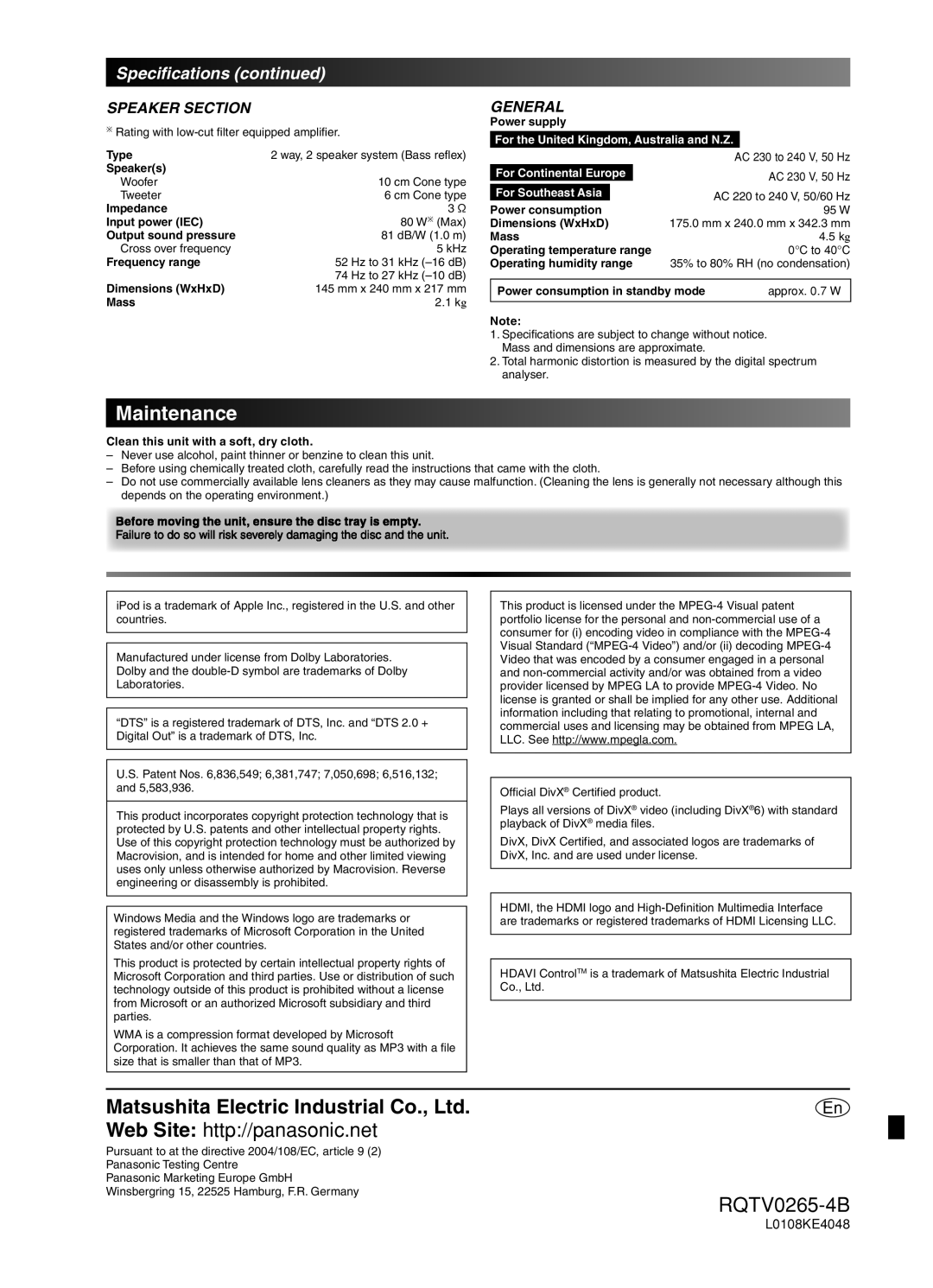 Panasonic SC-PM86D operating instructions Maintenance, Speciﬁcations 