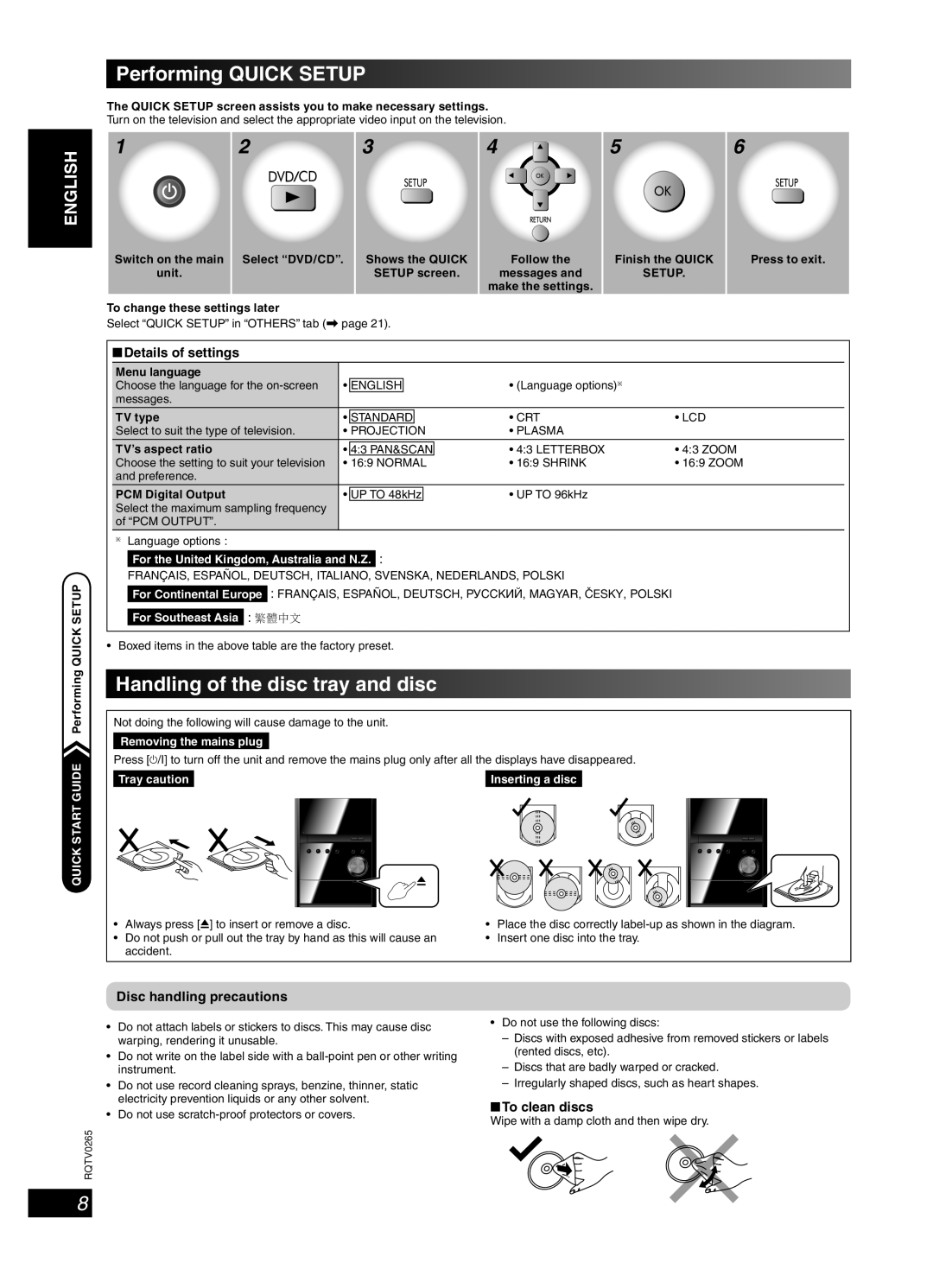 Panasonic SC-PM86D Performing Quick Setup, Handling of the disc tray and disc, Details of settings, To clean discs 