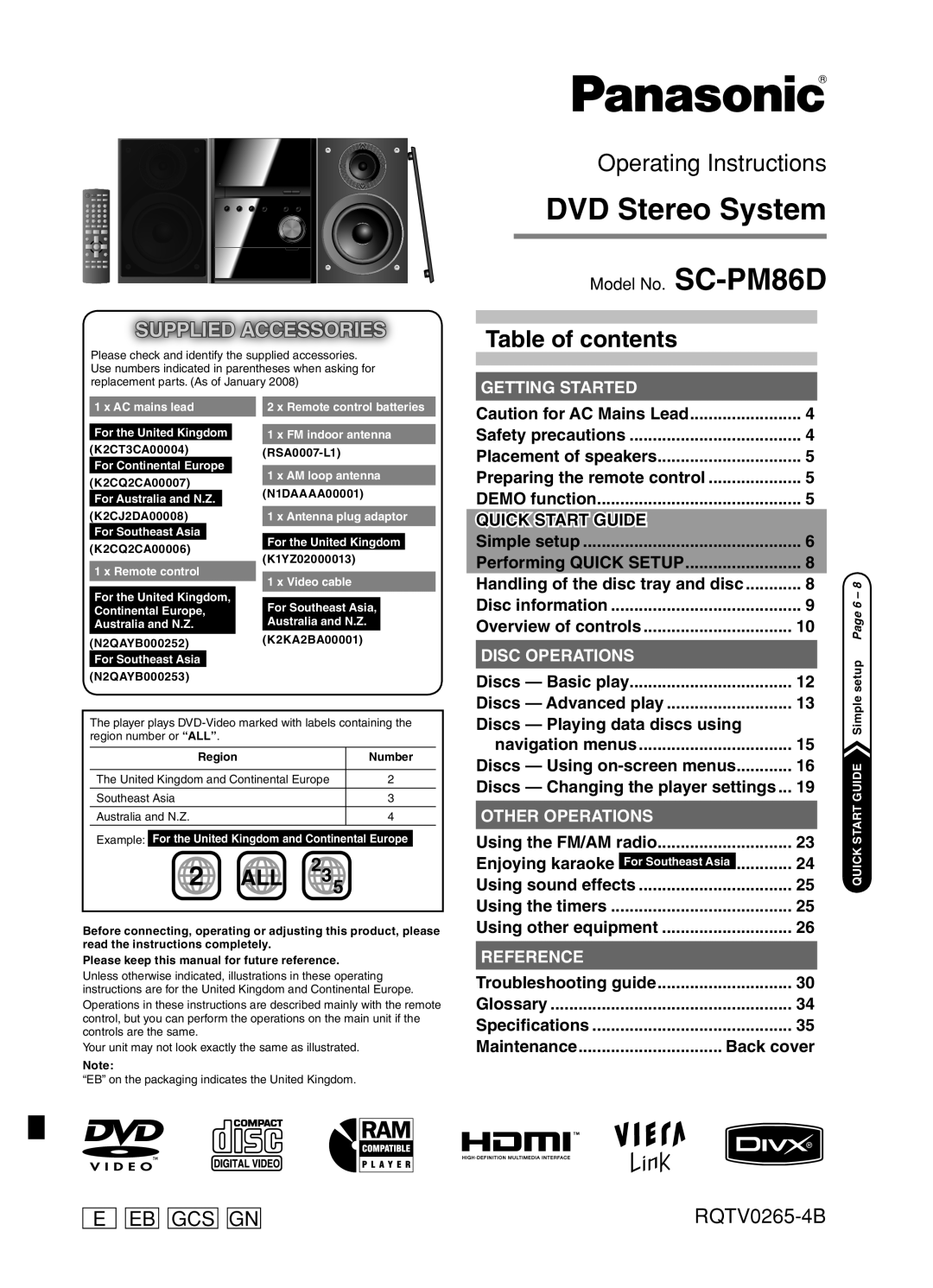 Panasonic SC-PM86D operating instructions Eb Gcs Gn, RQTV0265-4B, Getting Started, Disc Operations, Other Operations, 2ALL 