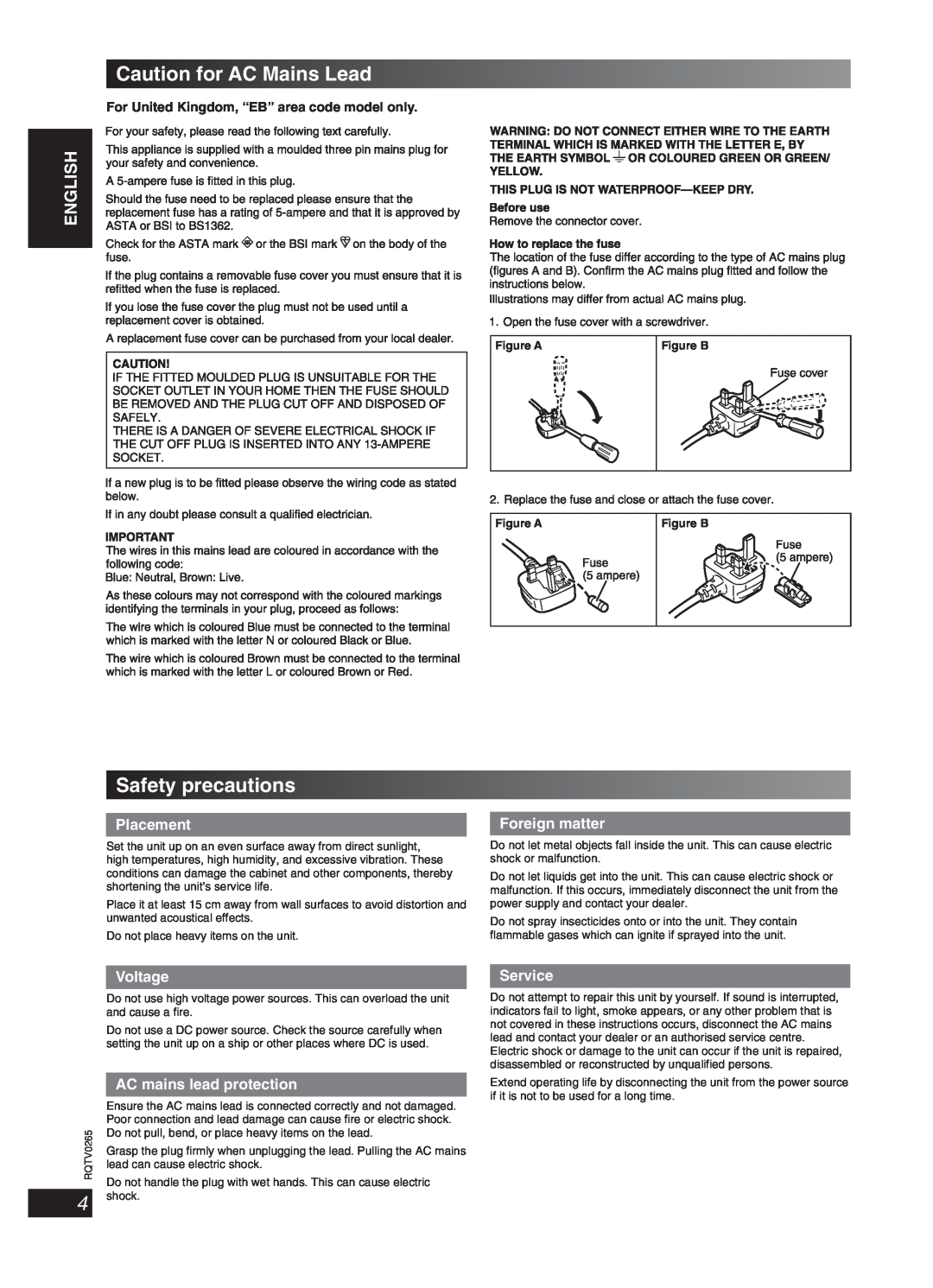 Panasonic SC-PM86D Caution for AC Mains Lead, Safety precautions, English Dansk Français, Lang, Placement, Foreign matter 
