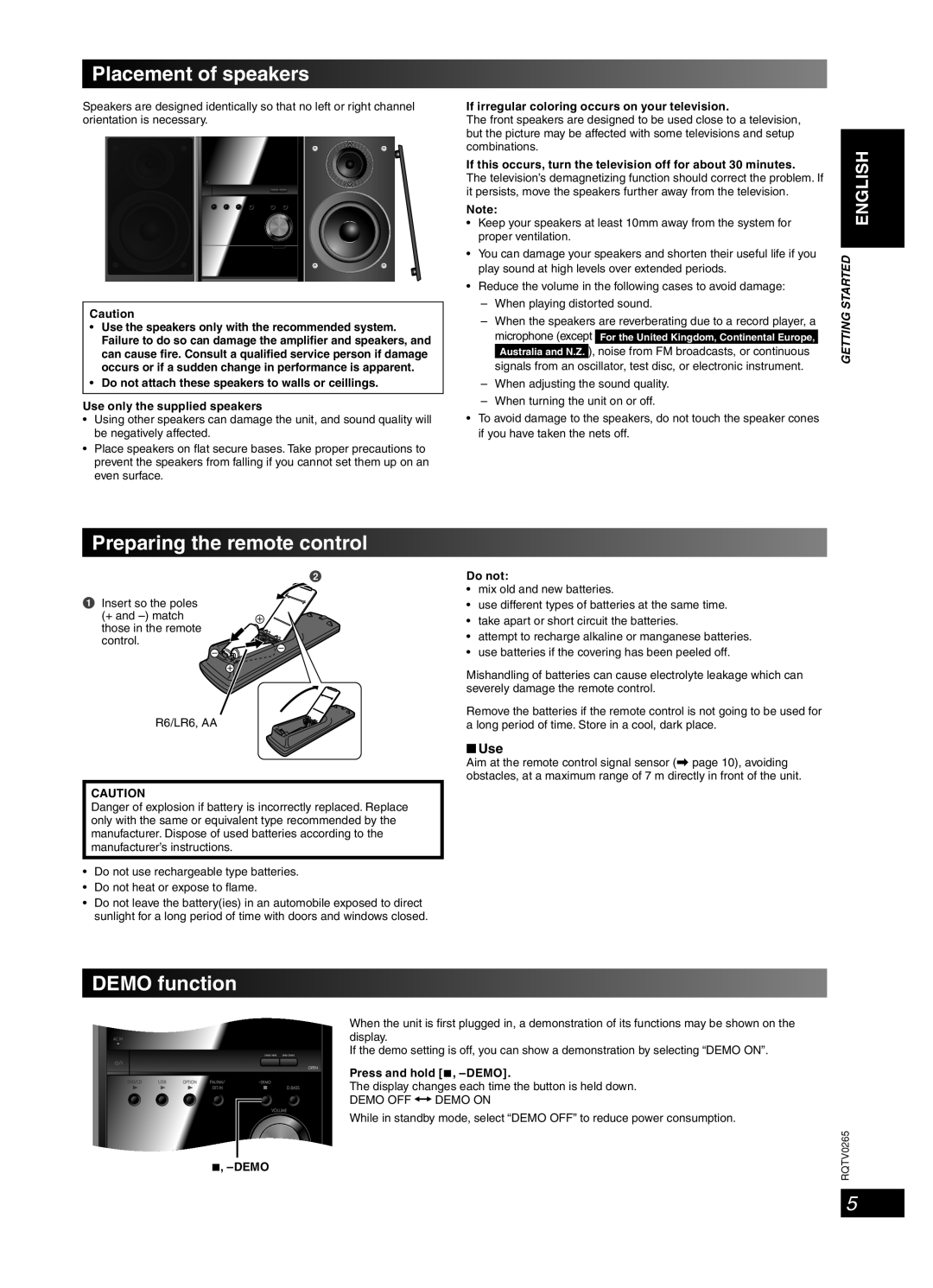 Panasonic SC-PM86D Placement of speakers, Preparing the remote control, DEMO function, English, Dansk, Français Lang 